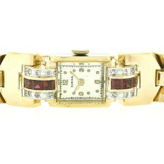Vintage Retro 14k Gold Diamond & Syn. Ruby Mechanical Swiss Dress Bracelet Watch