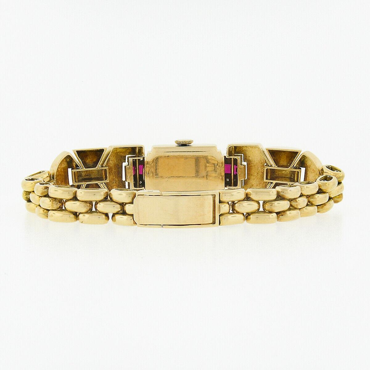 Single Cut Vintage Retro 14k Gold Diamond & Syn. Ruby Mechanical Swiss Dress Bracelet Watch