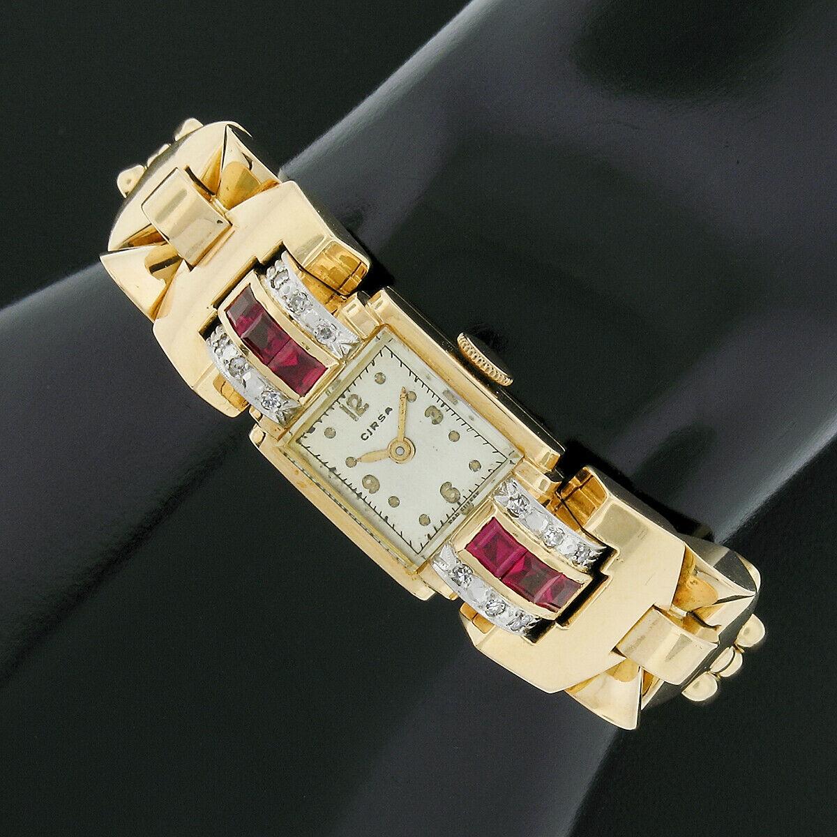 Vintage Retro 14k Gold Diamond & Syn. Ruby Mechanical Swiss Dress Bracelet Watch 3