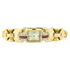 Vintage Retro 14k Gold Diamond & Syn. Ruby Mechanical Swiss Dress Bracelet Watch