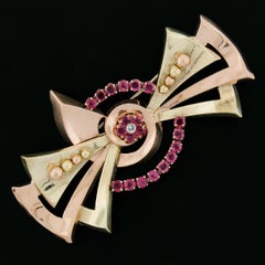 Vintage Retro 14k Gold GIA Burma No Heat Ruby & Diamond Bow Ribbon Pin Brooch