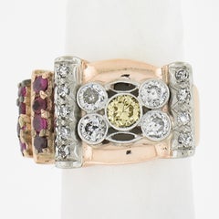 Vintage Retro 14K Gold & Palladium 1.02ctw Old Cut Ruby & Diamond Cocktail Ring