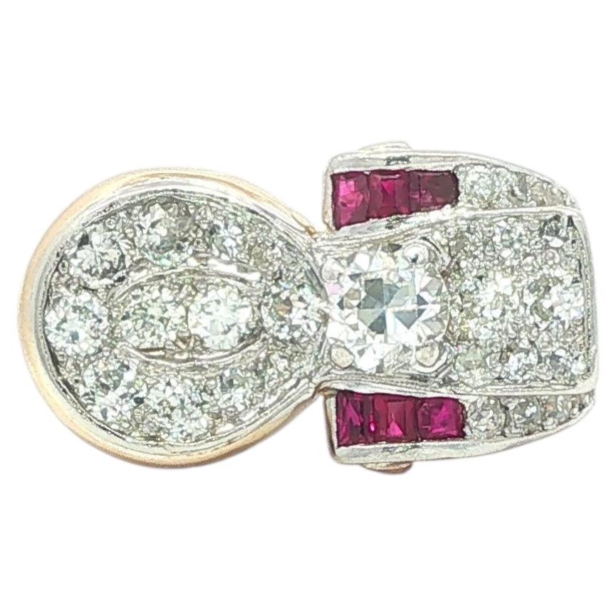 Vintage Retro 14k Gold & Platinum 1.75ctw Diamond w/ Ruby Band Ring For Sale