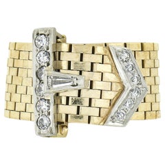 Vintage Retro 14k Gold & Platinum 32ct Diamond Adjustable Mesh Buckle Band Ring