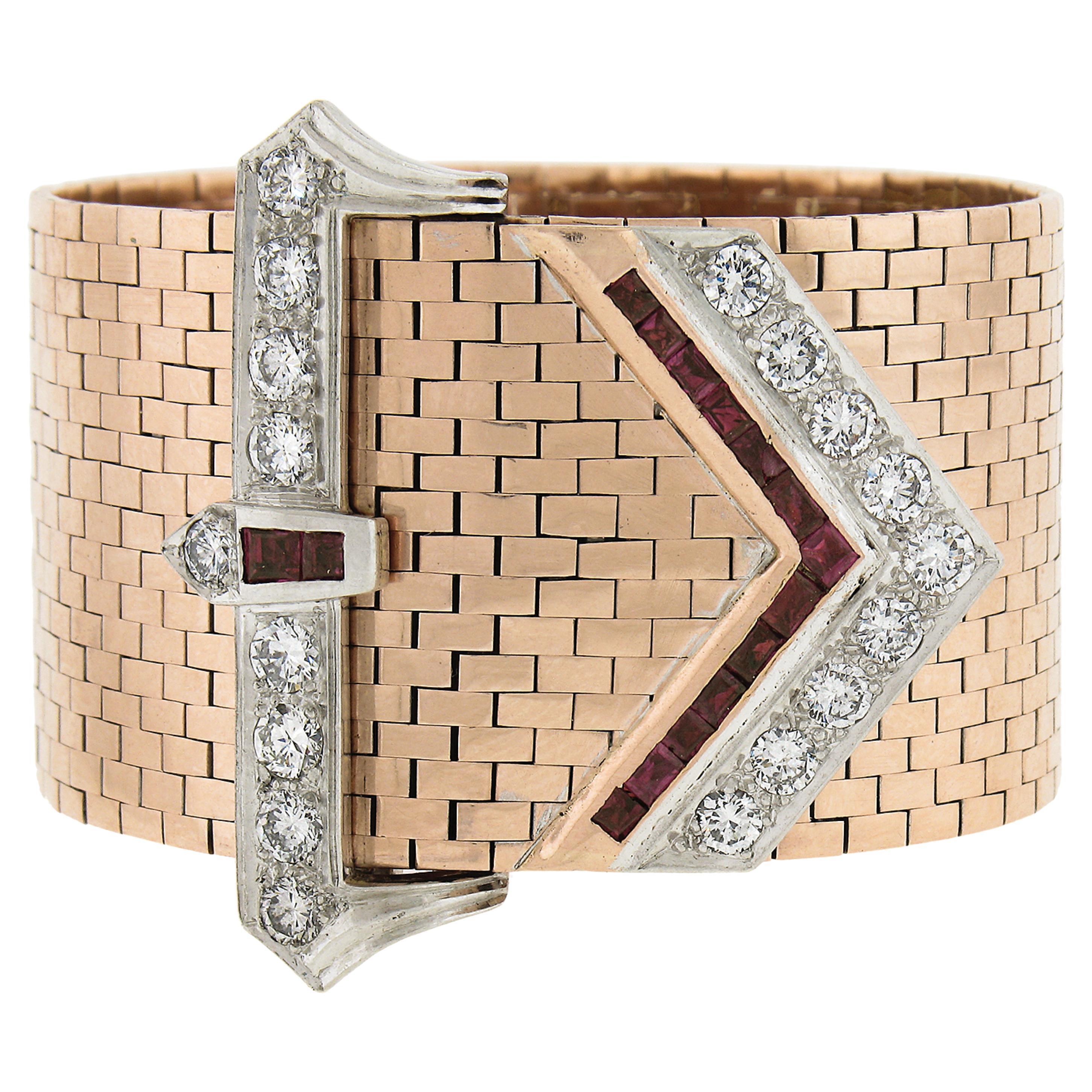 Vintage Retro 14K Gold & Platinum Diamond & Ruby Brick Buckle Strap Bracelet