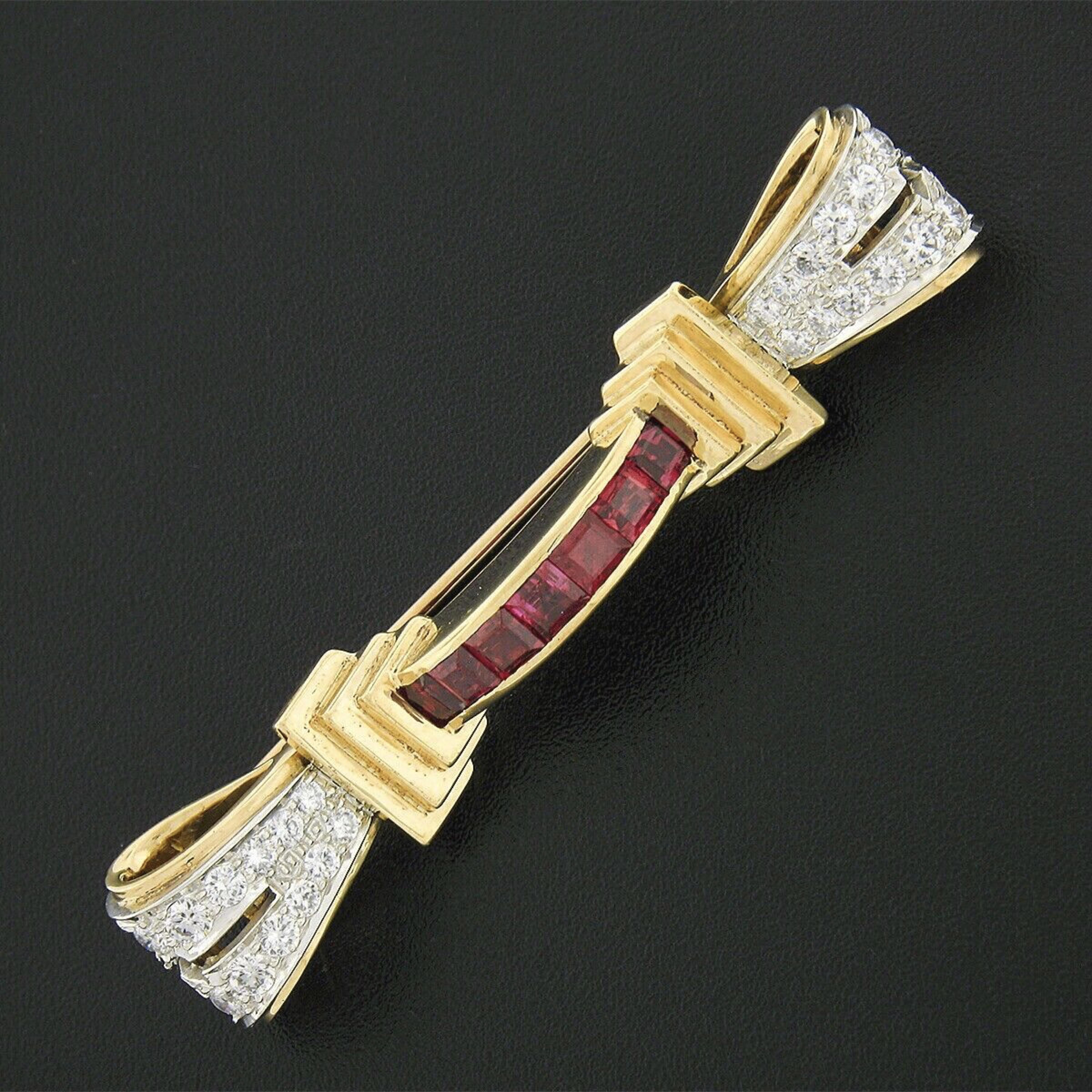 This marvelous retro vintage ribbon pin brooch was crafted from solid 14k rose gold and solid platinum, and is dated 1938. It features a set of 7 natural genuine square step cut rubies that have been certified by GIA as being 100% natural stones,
