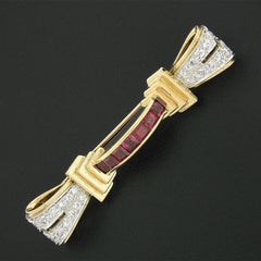 Vintage Retro 14k Gold & Platinum GIA Burma No Heat Ruby Diamond Ribbon Bar Pin