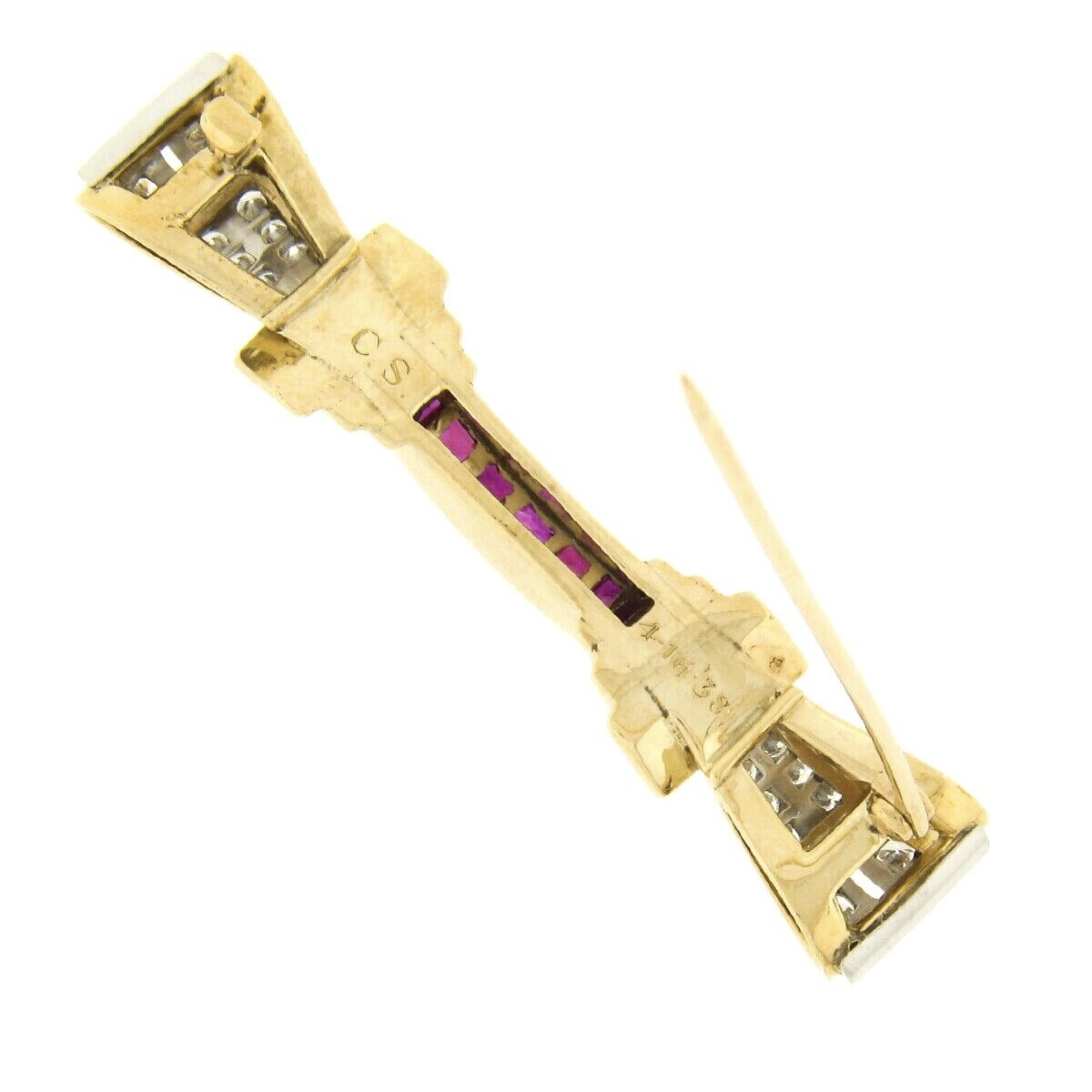 Square Cut Vintage Retro 14k Gold & Platinum GIA Burma No Heat Ruby Diamond Ribbon Bar Pin For Sale