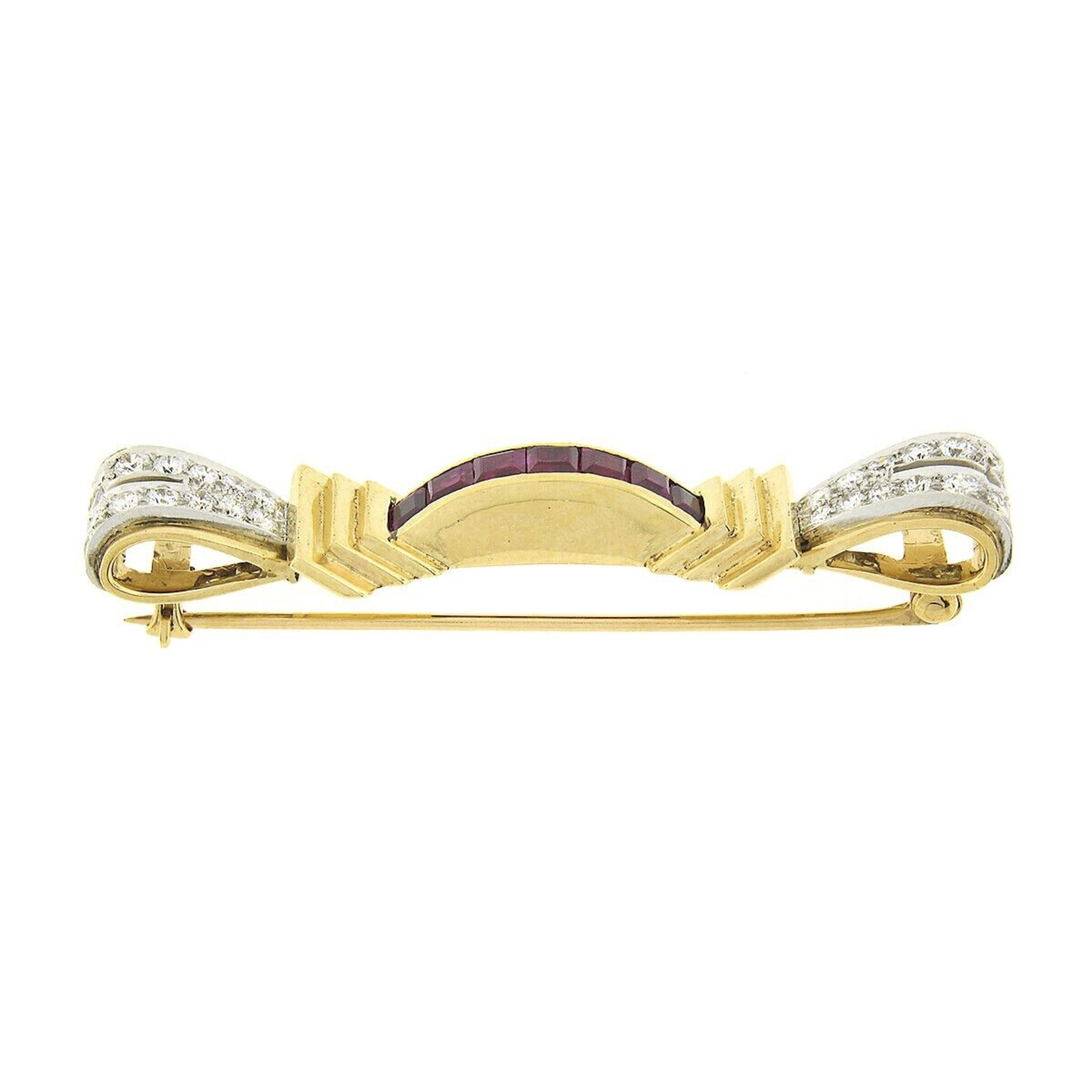 Women's or Men's Vintage Retro 14k Gold & Platinum GIA Burma No Heat Ruby Diamond Ribbon Bar Pin For Sale