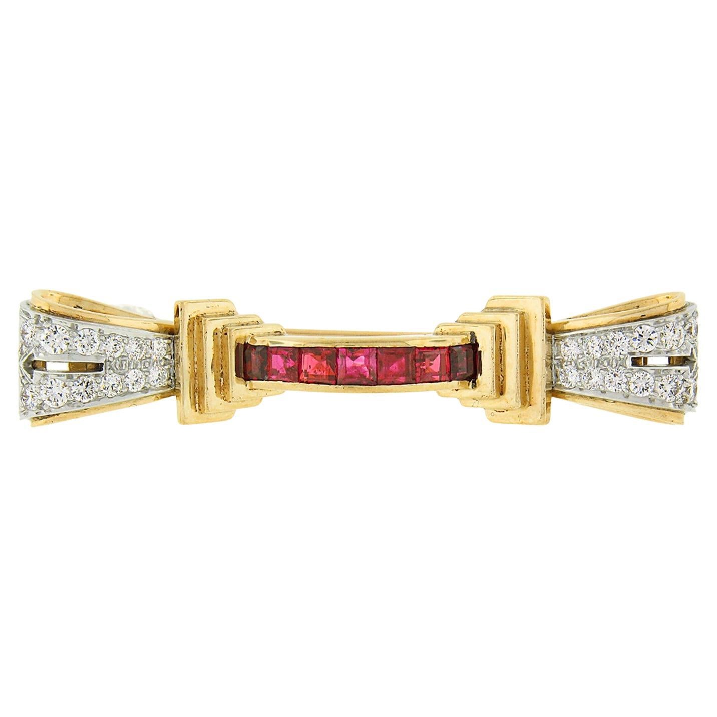 Vintage Retro 14k Gold & Platinum GIA Burma No Heat Ruby Diamond Ribbon Bar Pin For Sale