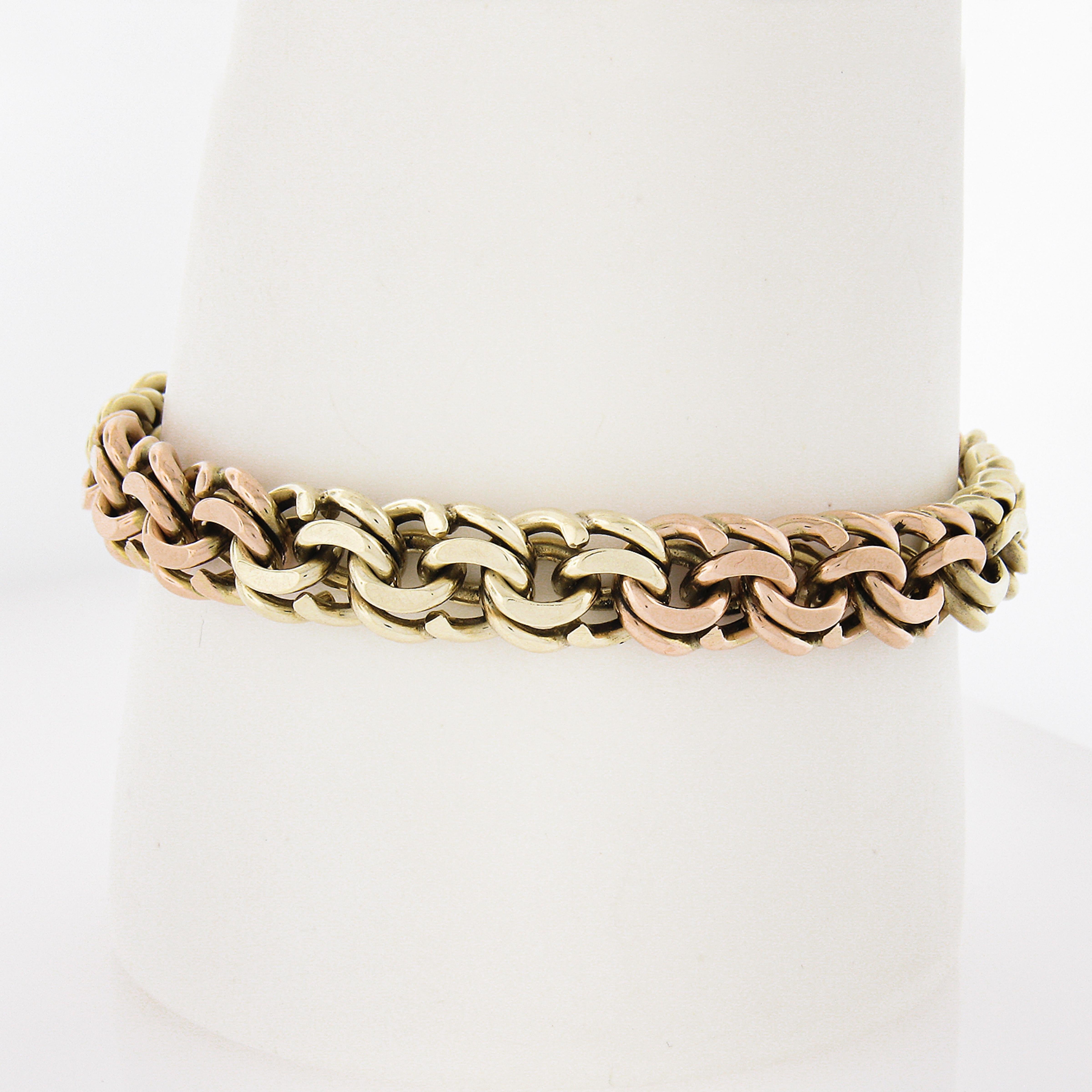 Material: Solid 14k Green & Rose Gold
Weight: 36.59 Grams
Chain Type: Dual Curb Link
Chain Length: Measures 7.5 inches next to a ruler. Will fit a 7 Inch wrist
Clasp: Lobster Claw Clasp
Width: 8.9mm (0.35 in)
Thickness: 4.7mm (rise off the