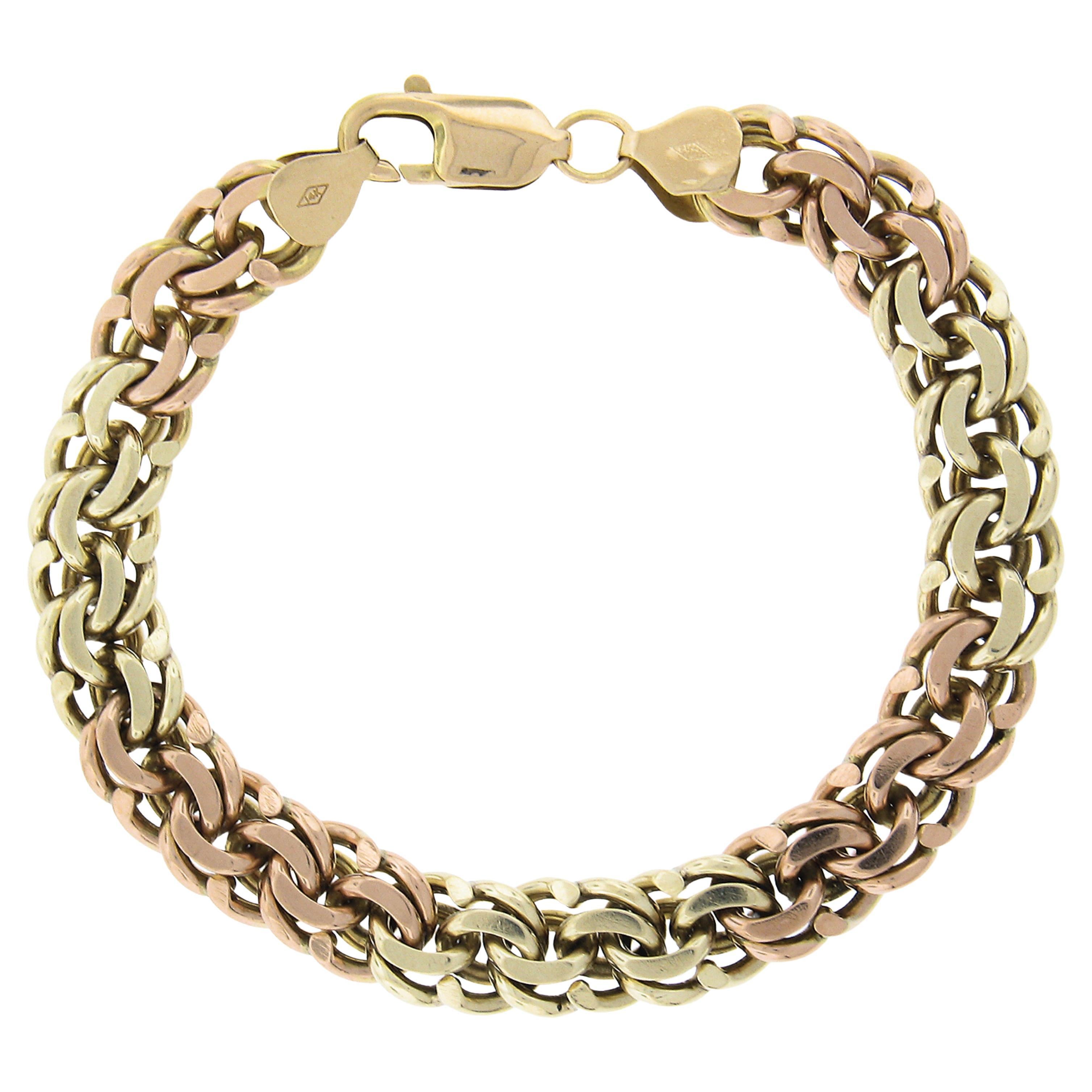 Vintage Retro 14K Rose and Green Gold 7" Heavy Double Curb Link Chain Bracelet For Sale