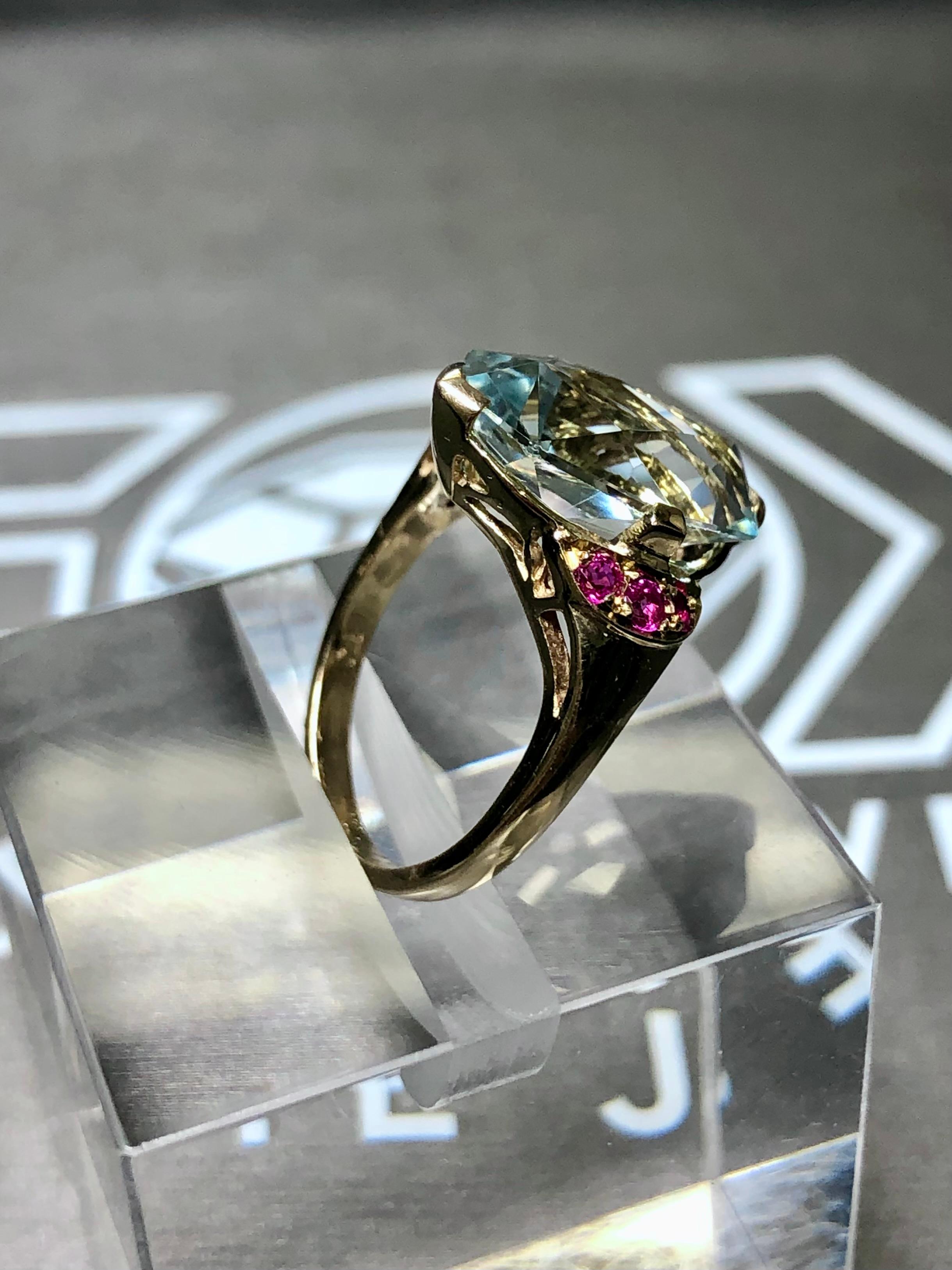 Vintage Retro 14K Rose Fancy Marquise Cut Aquamarine Ruby Ring 4.80cttw Sz 4 In Good Condition For Sale In Winter Springs, FL