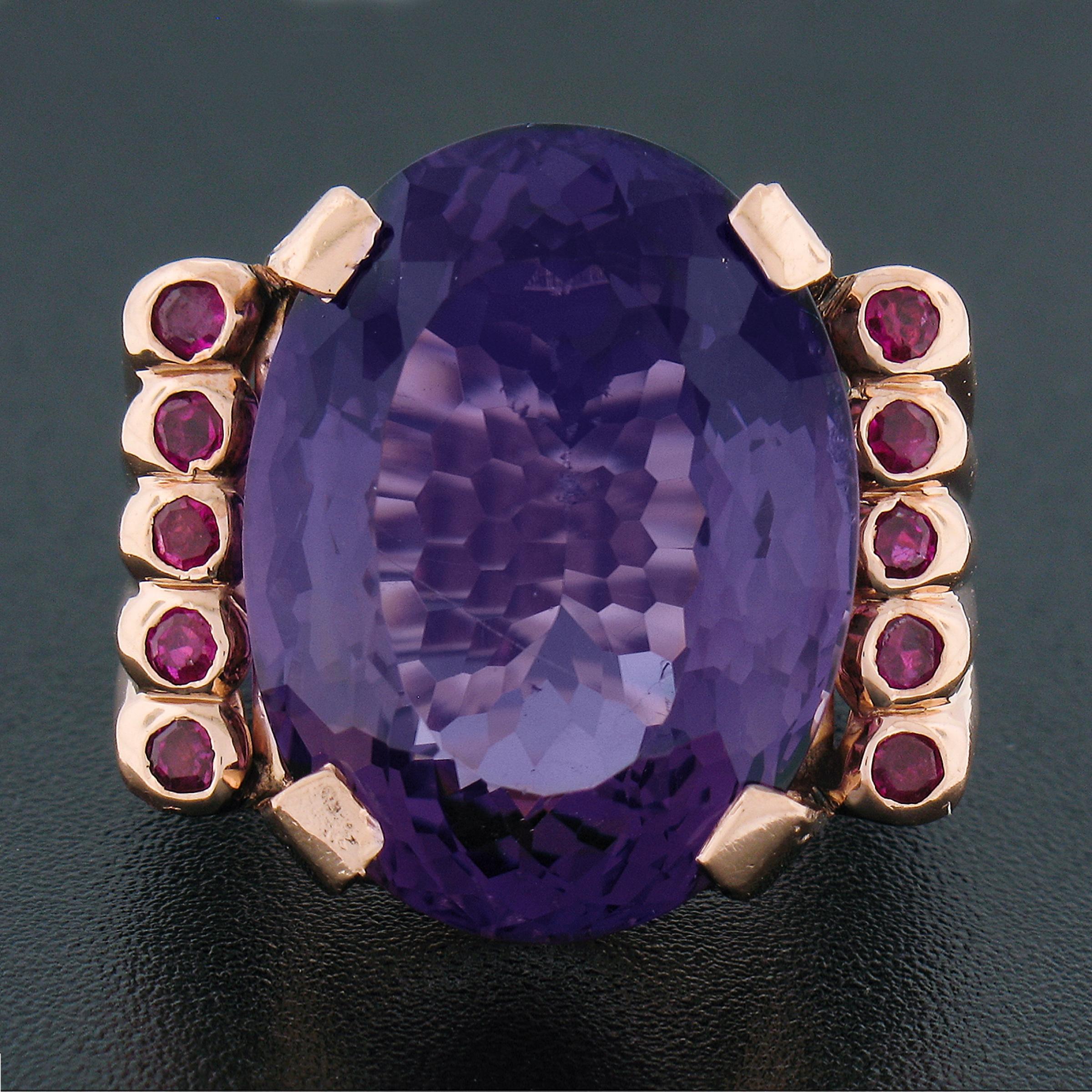Oval Cut Vintage Retro 14K Rose Gold 22ctw Oval Amethyst w/ Ruby Accents Cocktail Ring For Sale