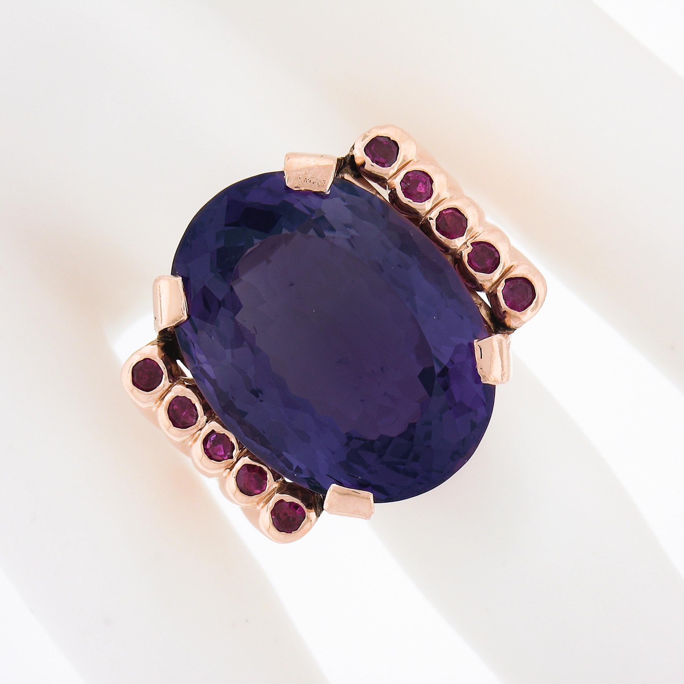 Vintage Retro 14K Rose Gold 22ctw Oval Amethyst w/ Ruby Accents Cocktail Ring In Good Condition For Sale In Montclair, NJ