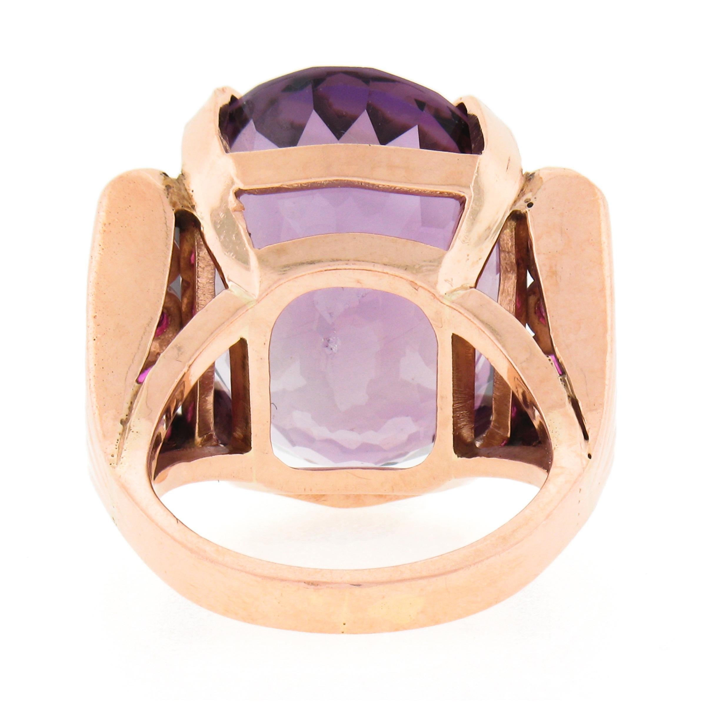 Vintage Retro 14K Rose Gold 22ctw Oval Amethyst w/ Ruby Accents Cocktail Ring For Sale 2