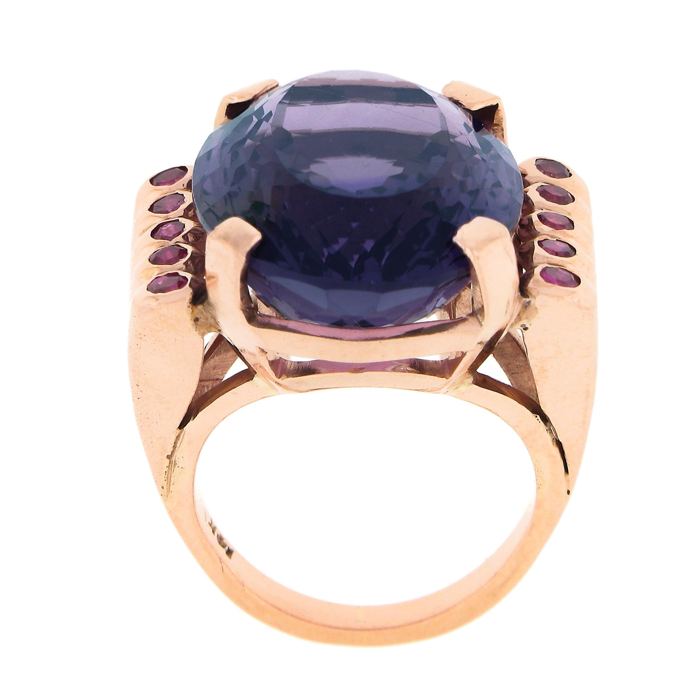 Vintage Retro 14K Rose Gold 22ctw Oval Amethyst w/ Ruby Accents Cocktail Ring For Sale 3