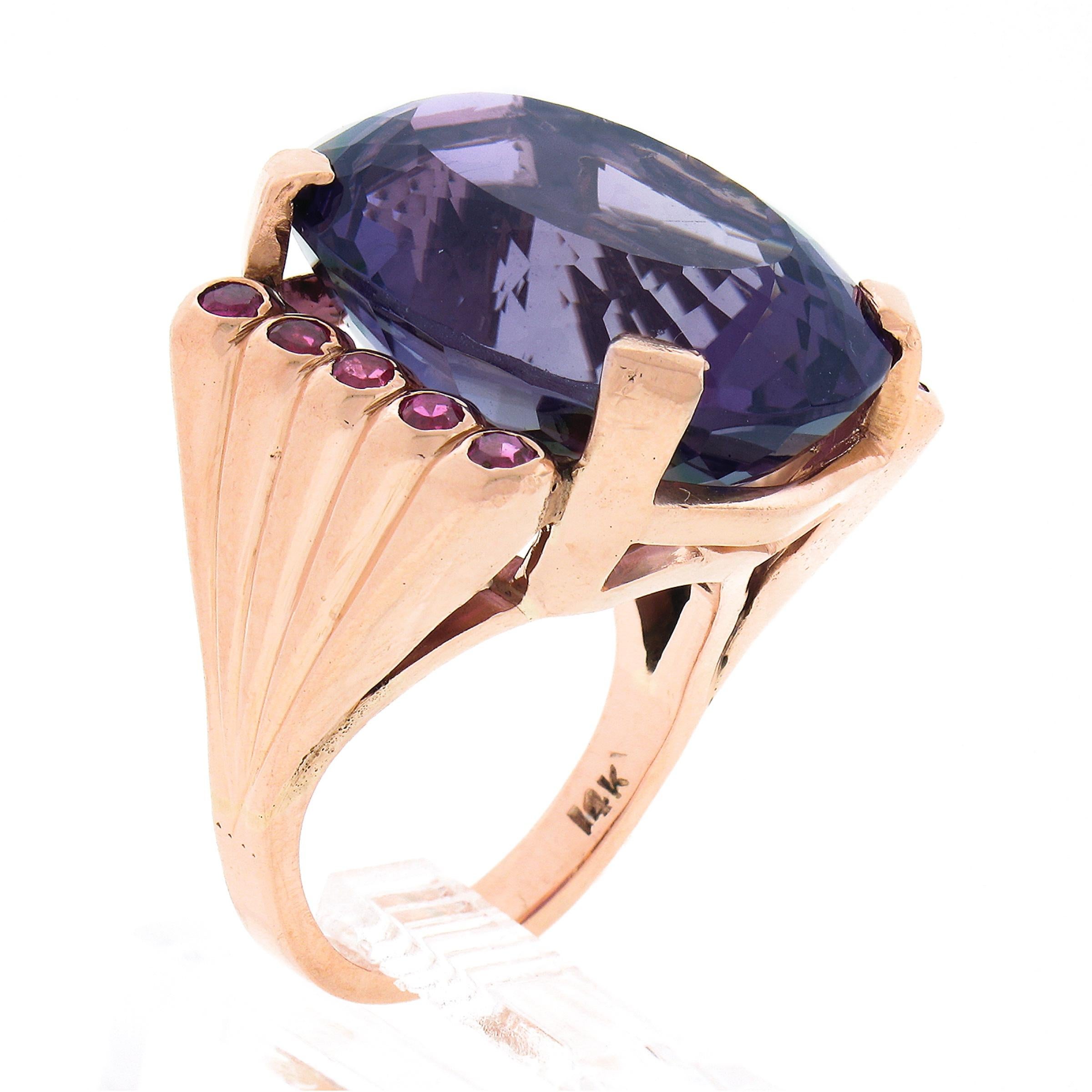 Vintage Retro 14K Rose Gold 22ctw Oval Amethyst w/ Ruby Accents Cocktail Ring For Sale 4