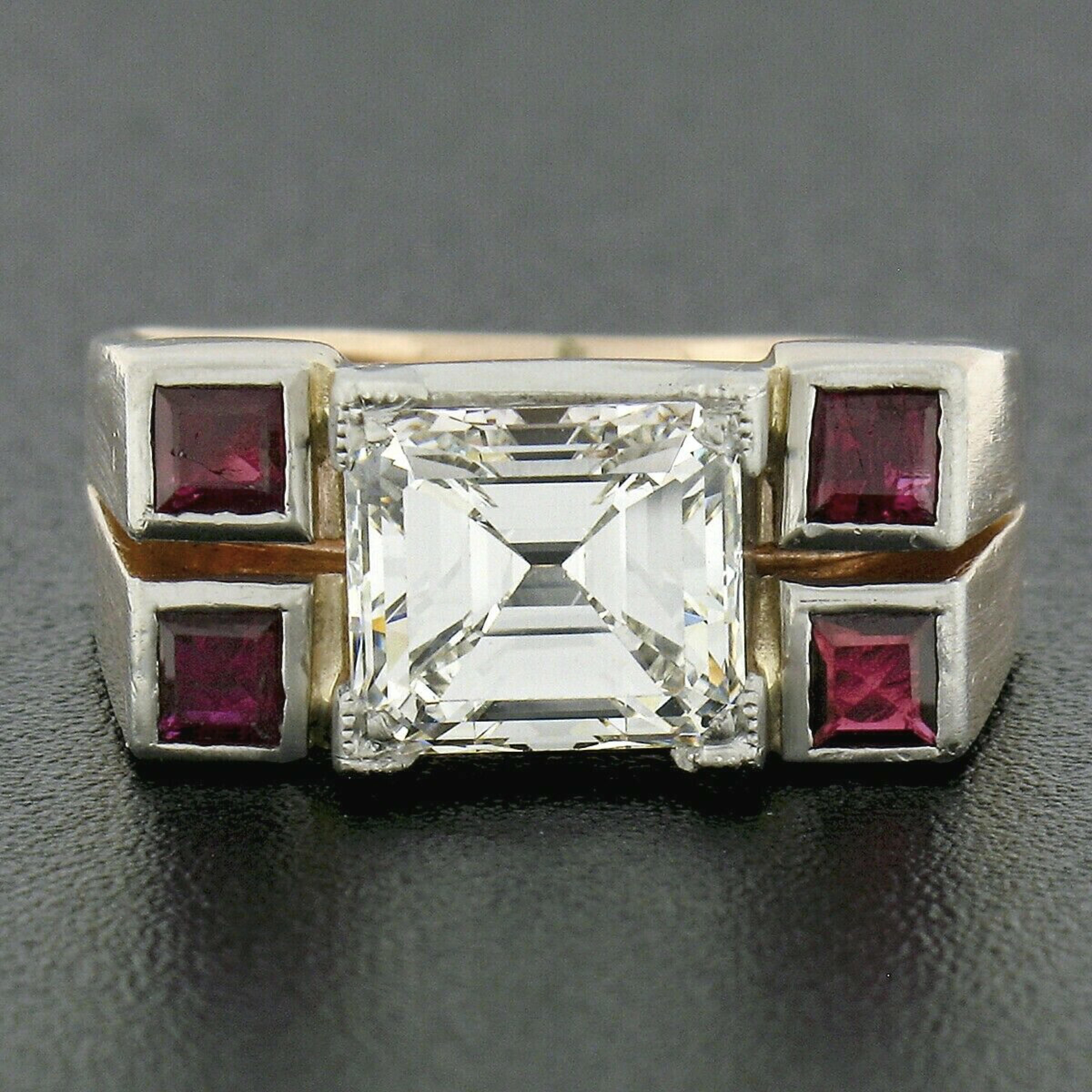 Here we have an immaculate vintage Retro band ring very well and solidly crafted from 14k rose and white gold. The ring features a magnificent and large, GIA certified, emerald cut diamond solitaire bead prong set at the center of the design and