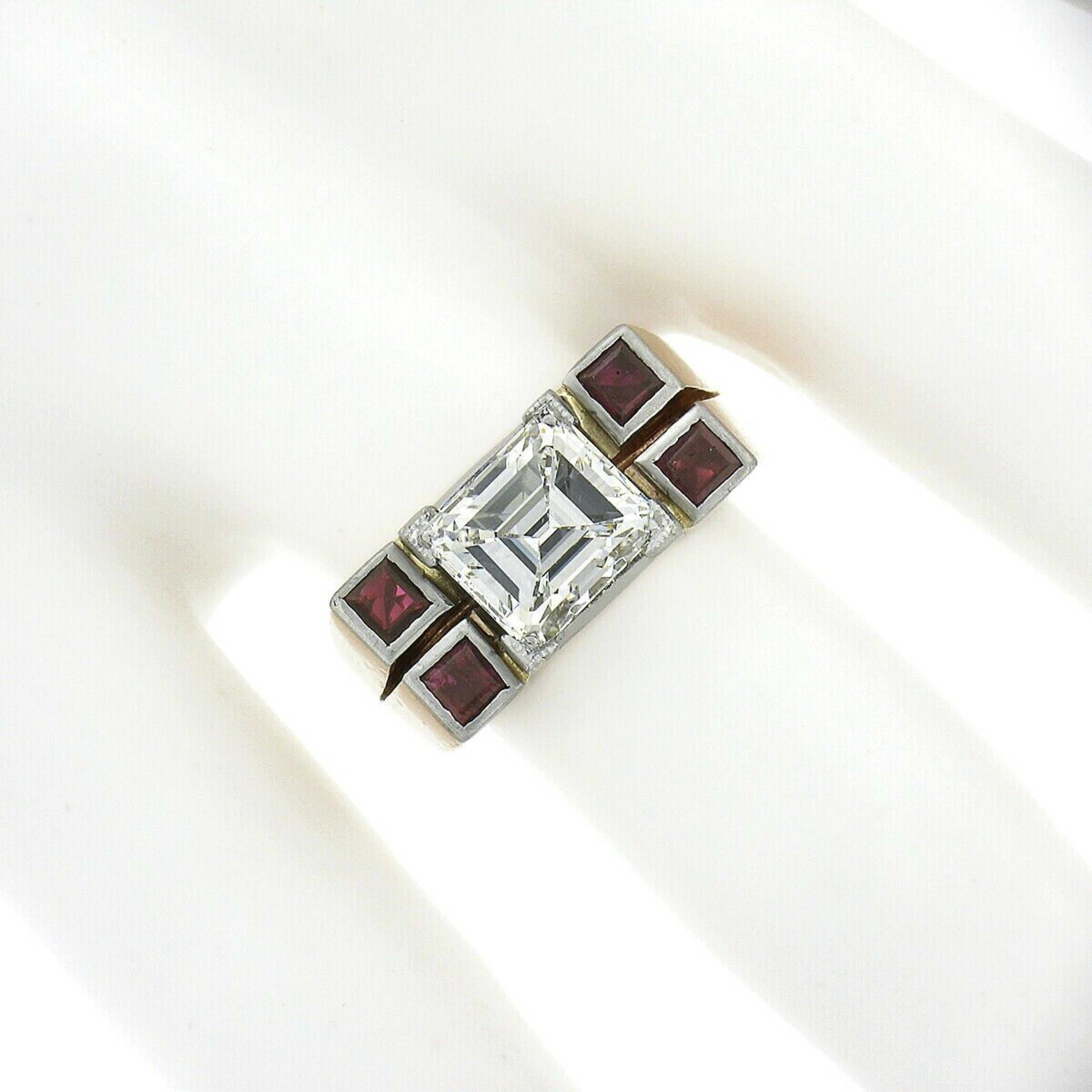 Emerald Cut Vintage Retro 14K Rose Gold 2.71ctw GIA Emerald F VS Diamond & Ruby Band Ring