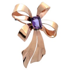 Vintage Retro 14k Rose Gold Amethyst Large Ribbon Bow Pin Brooch