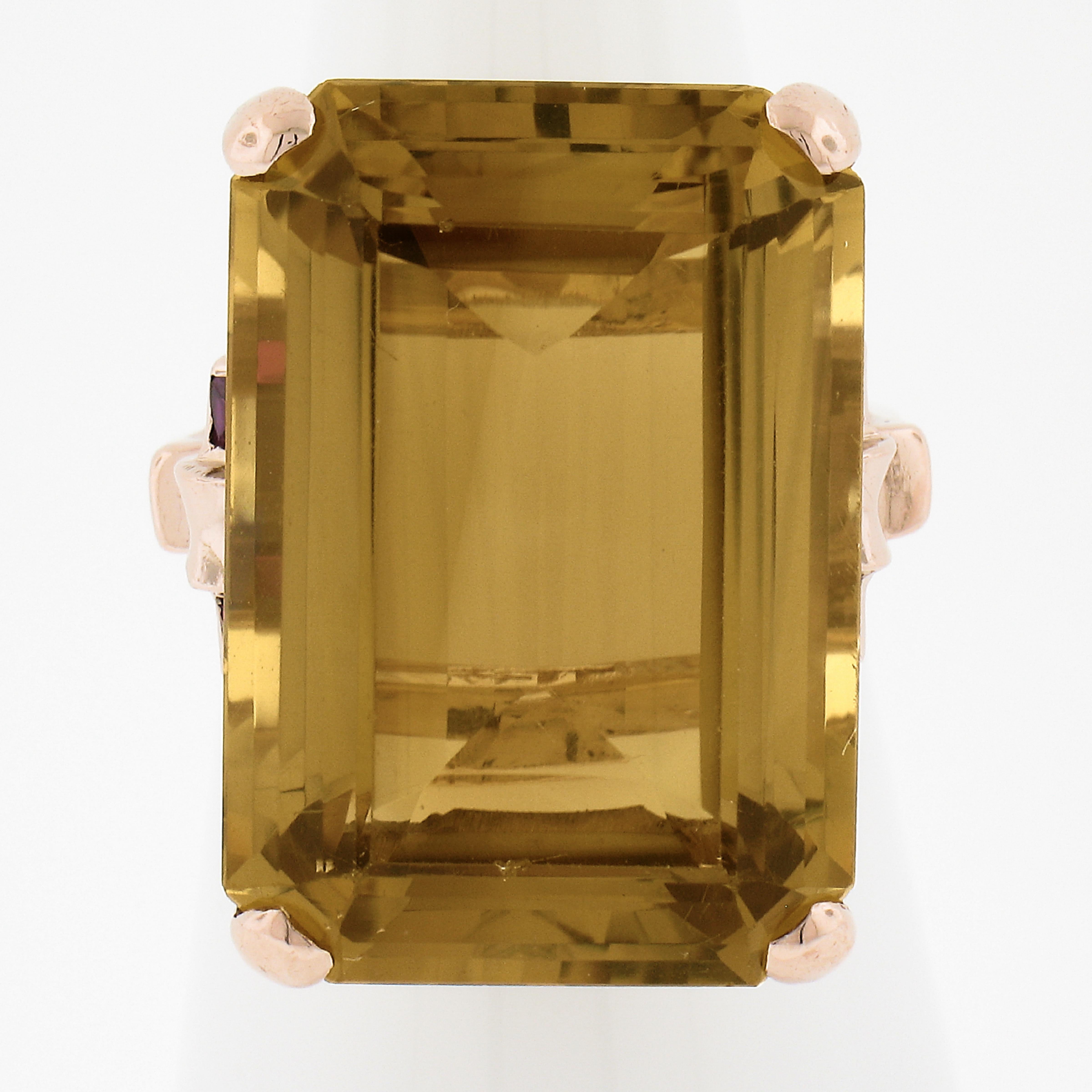 --Stone(s):--
(1) Natural Genuine Citrine - Octagonal Step Cut - Prong Set - Orangy Yellow Color - 25ct (approx. based on the certification) ** See Certification Details Below for Complete Info **
(4) Synthetic Rubies - Square Step Cut - Bezel Set -