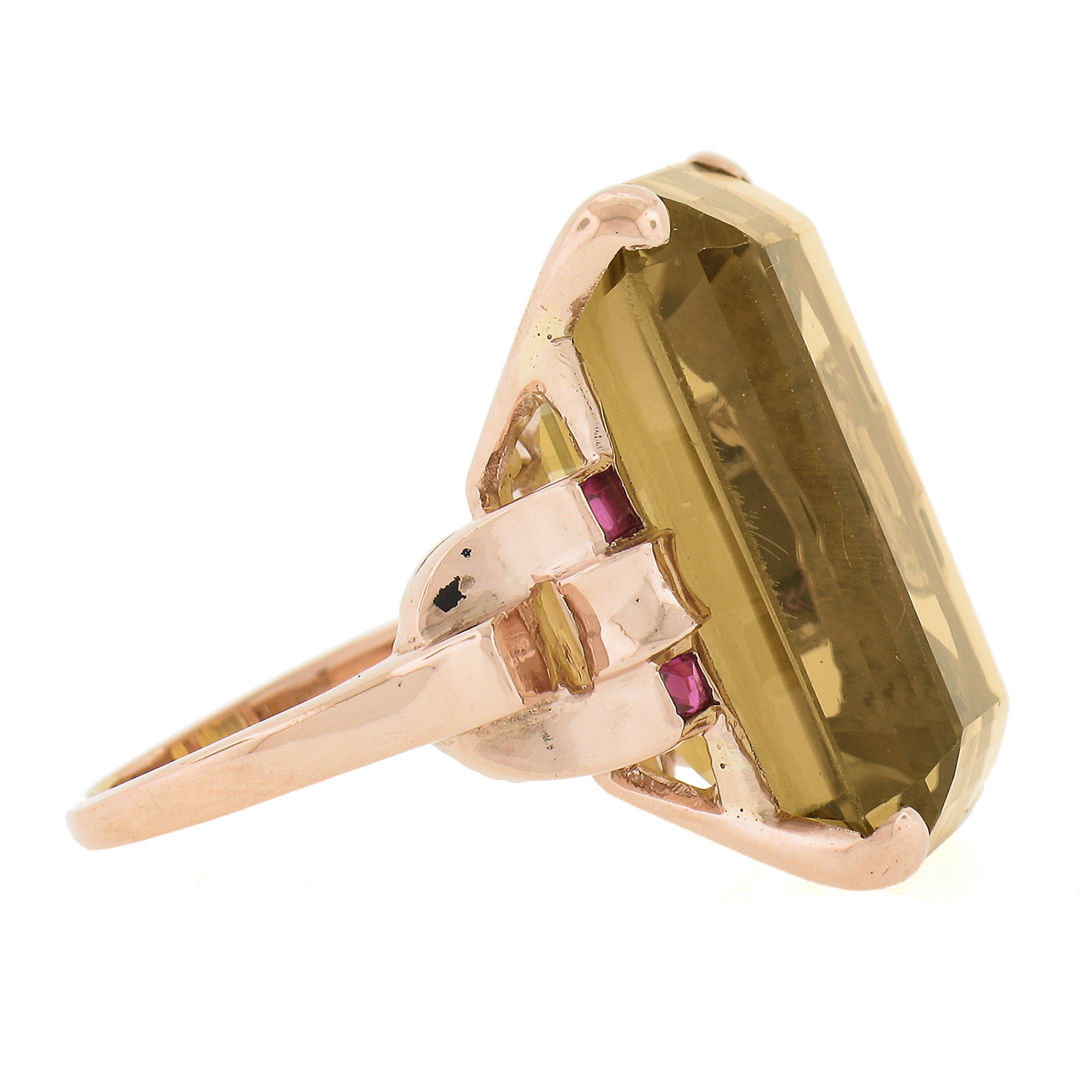 Women's Vintage Retro 14k Rose Gold Large 25ct Gia Graded Citrine & Ruby Cocktail Ring