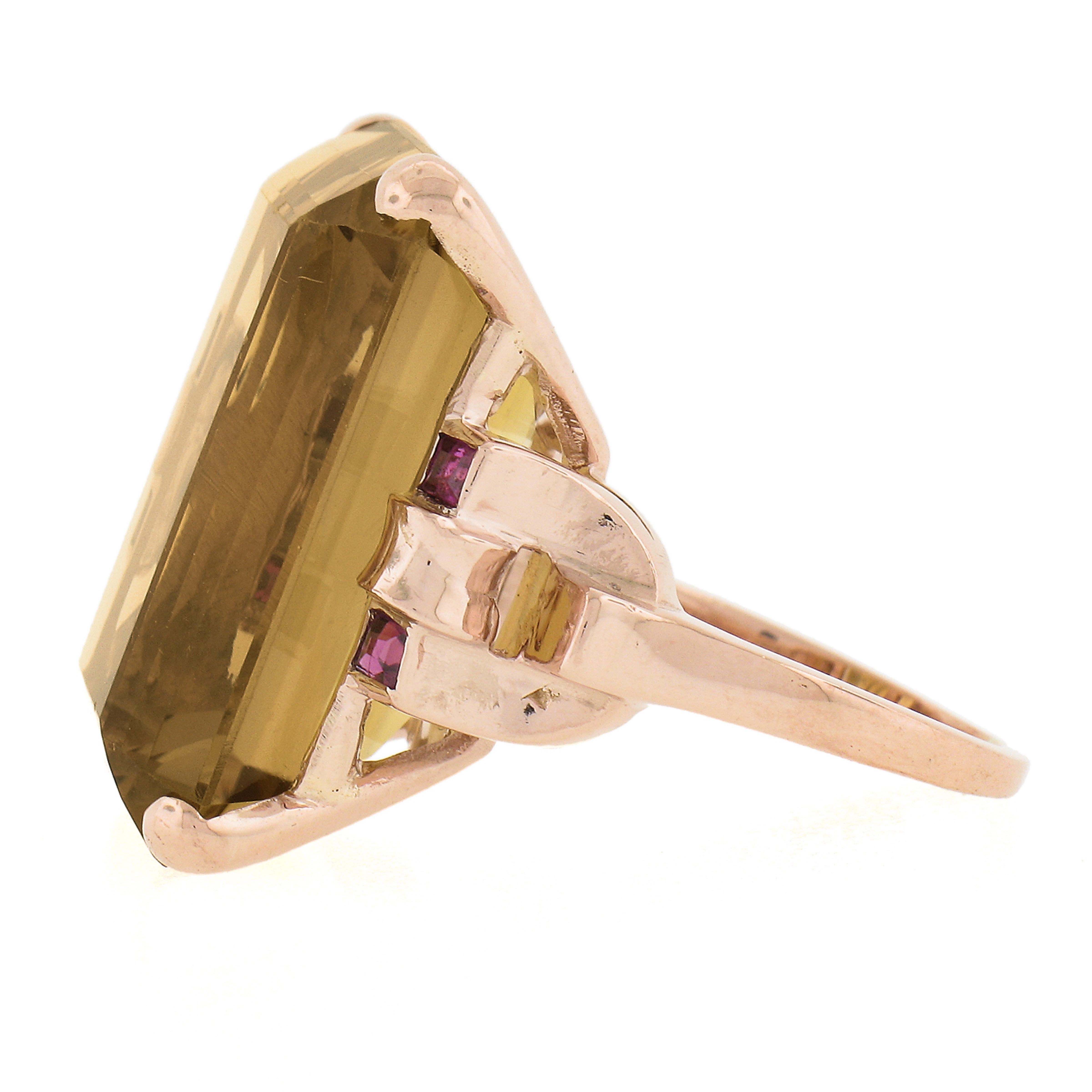 Vintage Retro 14k Rose Gold Large 25ct Gia Graded Citrine & Ruby Cocktail Ring Pour femmes en vente
