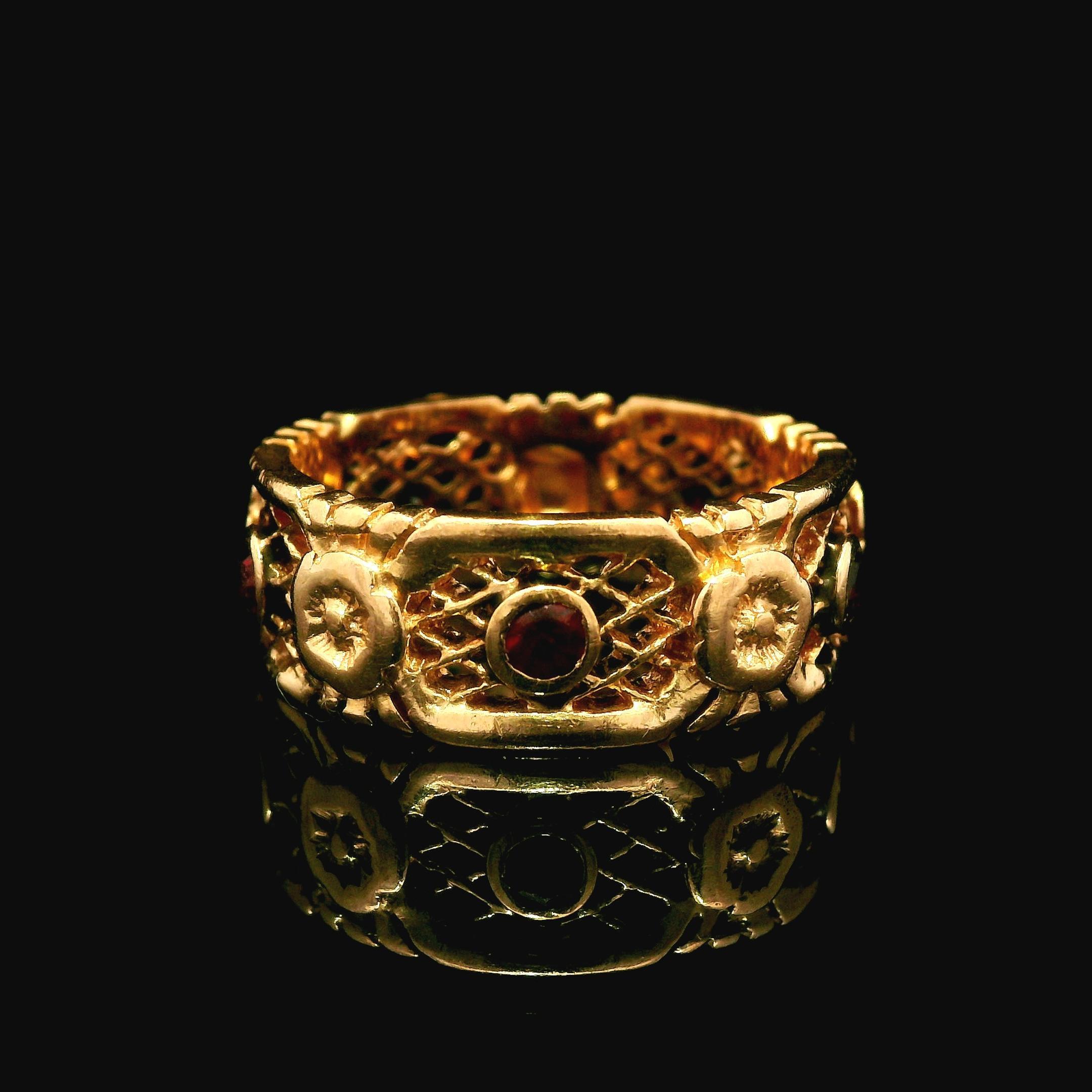 --Stone(s):--
(5) Red Stones - Round Cut - Bezel Set -  Red Color - 2.7mm (approx.)

Material: Solid 14K Rose Gold
Weight: 6.76 Grams
Ring Size: 7.5 (Fitted on a finger. We can NOT custom size this ring)
Ring Width: 7.7mm (0.30