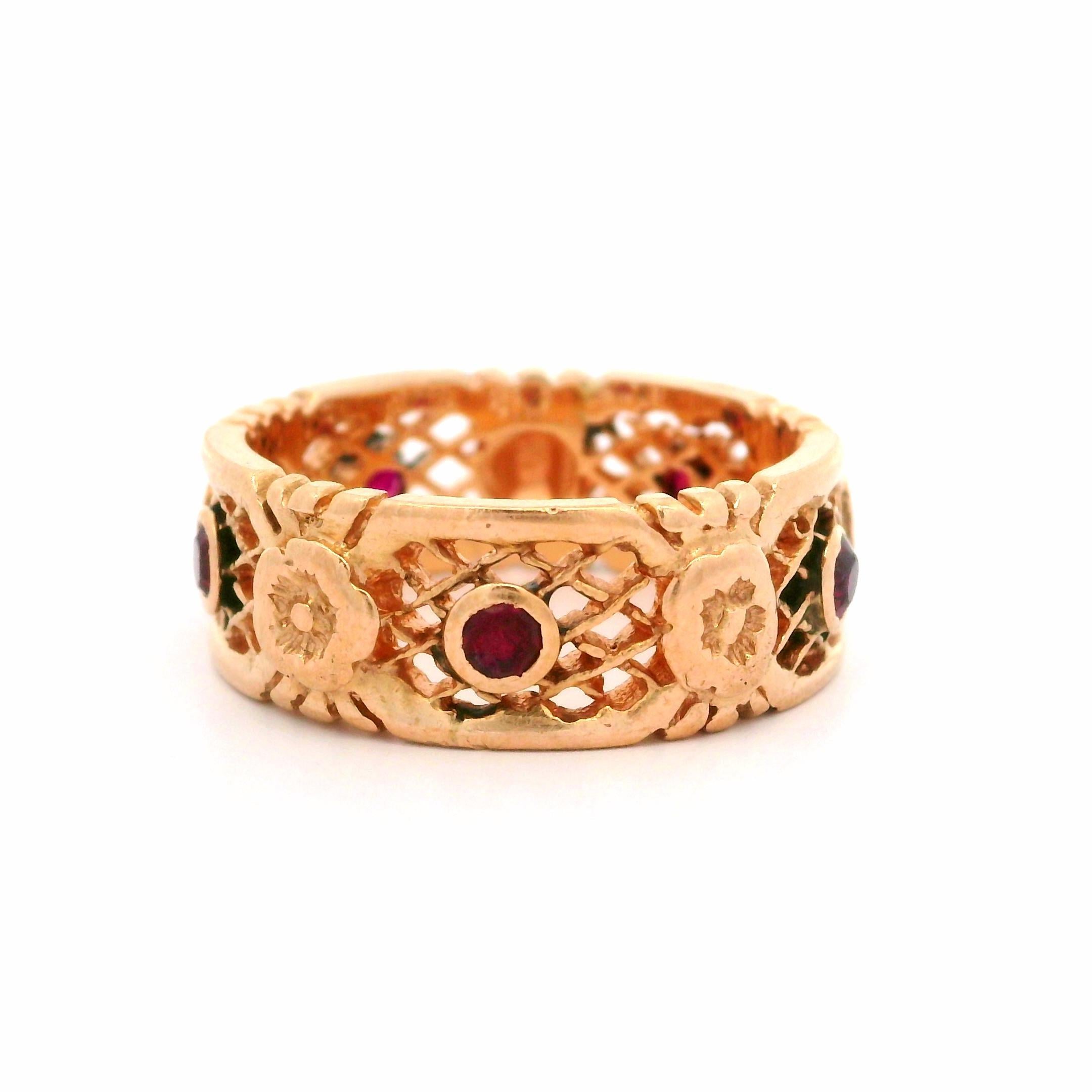 Vintage Retro 14k Rose Gold Open Floral Work Wide Eternity Band Ring In Good Condition In Montclair, NJ