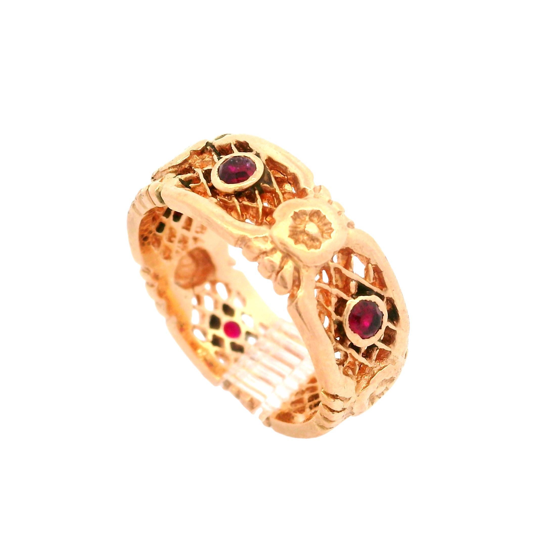 Vintage Retro 14k Rose Gold Open Floral Work Wide Eternity Band Ring 1