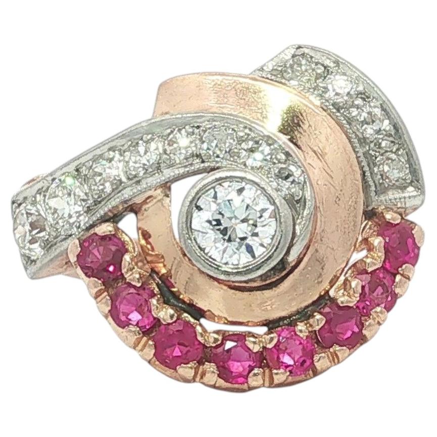 Vintage-Retro-Ring aus 14-karätigem Roségold und Palladium mit Diamanten (insgesamt 1,17 Karat) und Rubin, drehbar