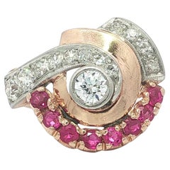 Vintage-Retro-Ring aus 14-karätigem Roségold und Palladium mit Diamanten (insgesamt 1,17 Karat) und Rubin, drehbar