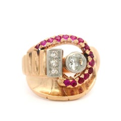 Vintage Retro 14k Rose Gold & Palladium Ruby and Diamond Scroll Dinner Ring