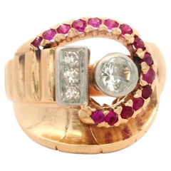 Vintage Retro 14k Rose Gold & Palladium Ruby and Diamond Scroll Dinner Ring