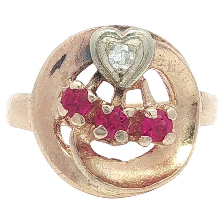Vintage Retro 14k Rose Gold Ruby 
Diamond Heart on Circular Open Platter Ring For Sale