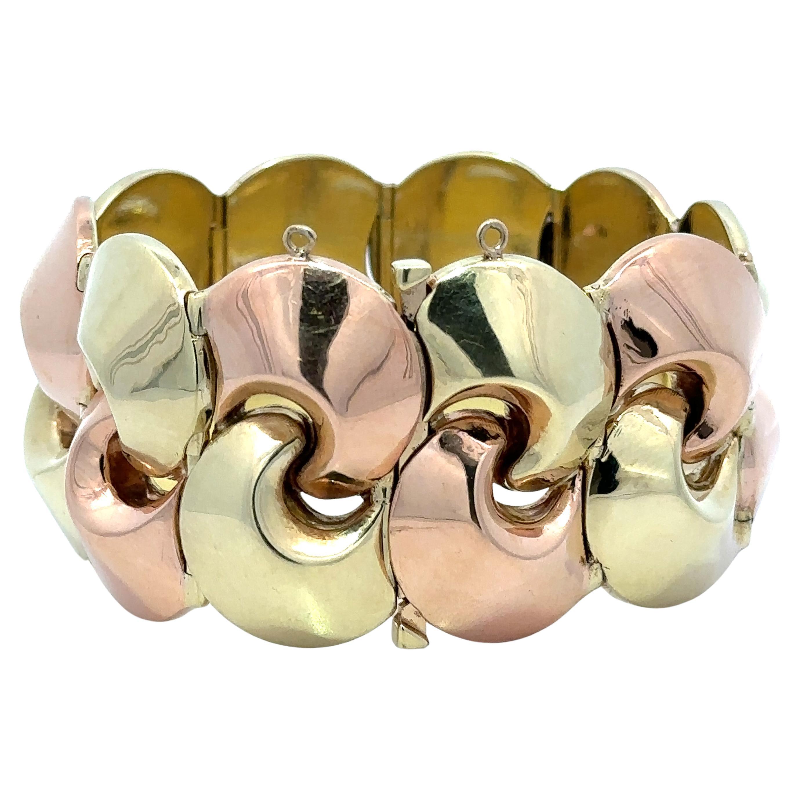 Vintage Retro 14k Rose 
Grün Gold Wide Puffed Crescent Interlock Link Armband im Angebot