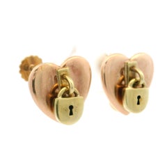 Vintage Retro 14k Rose & Yellow Gold Heart Padlock Screw on Earrings