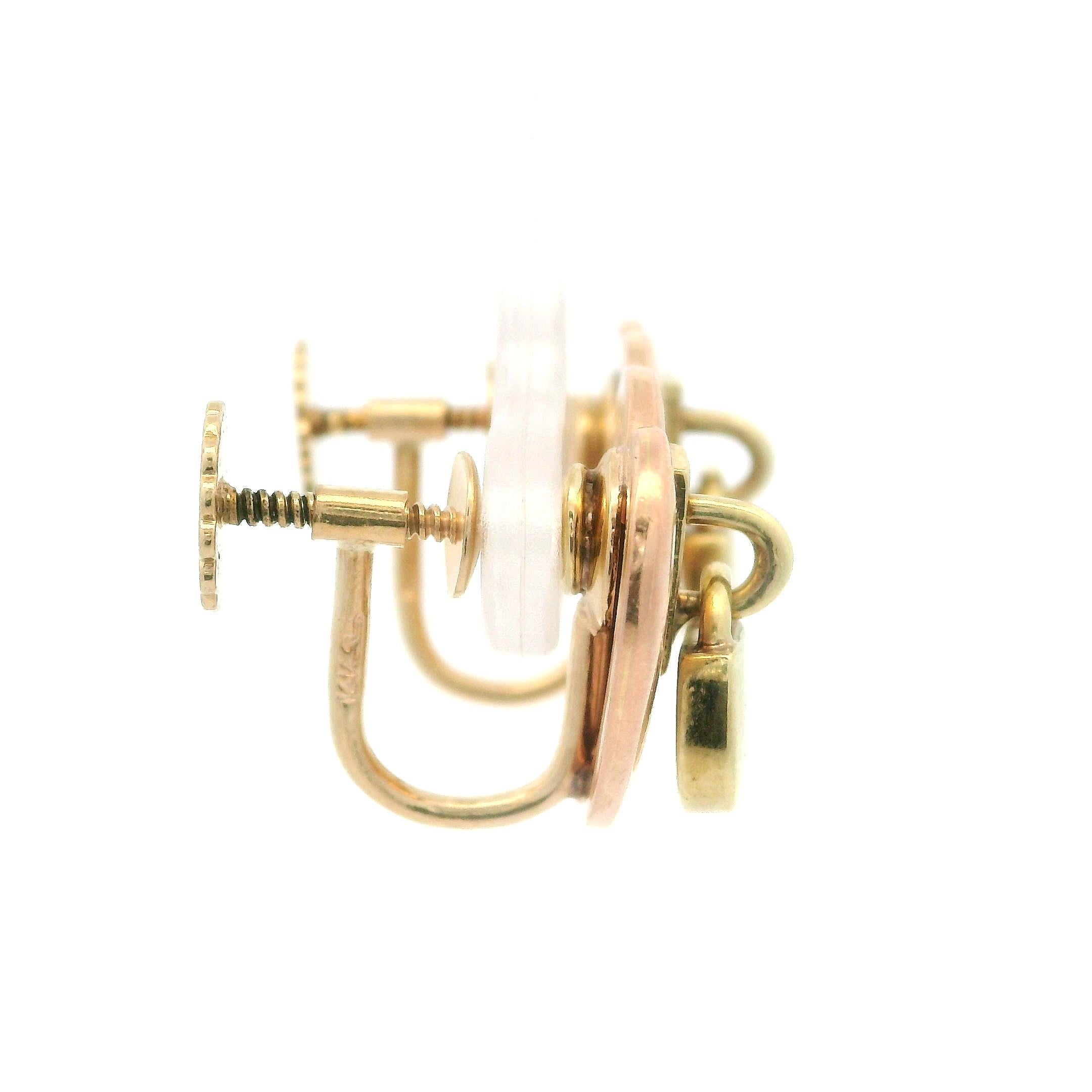 Vintage Retro 14k Rose & Yellow Gold Heart Padlock Screw on Earrings In Good Condition For Sale In Montclair, NJ
