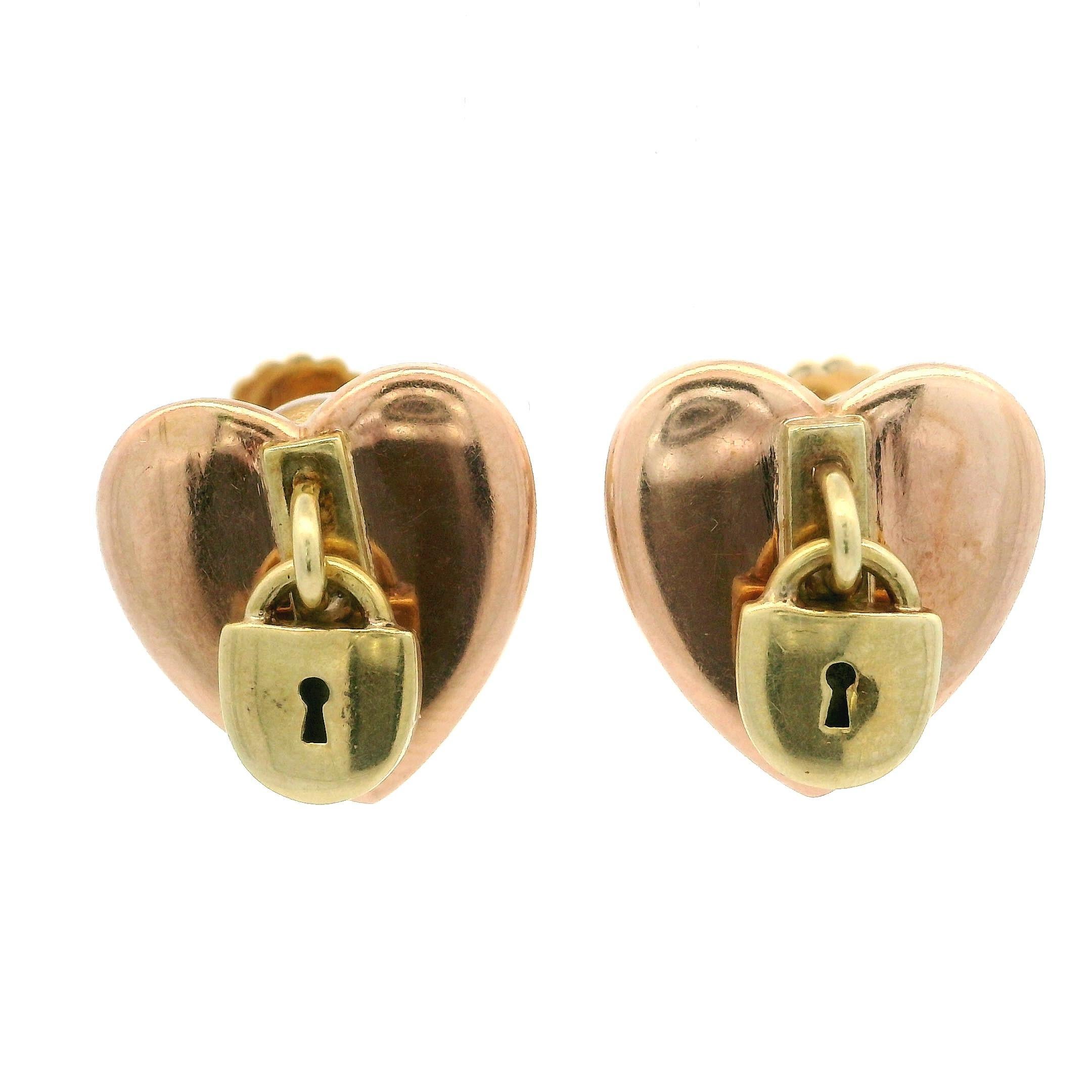 Vintage Retro 14k Rose & Yellow Gold Heart Padlock Screw on Earrings For Sale 1