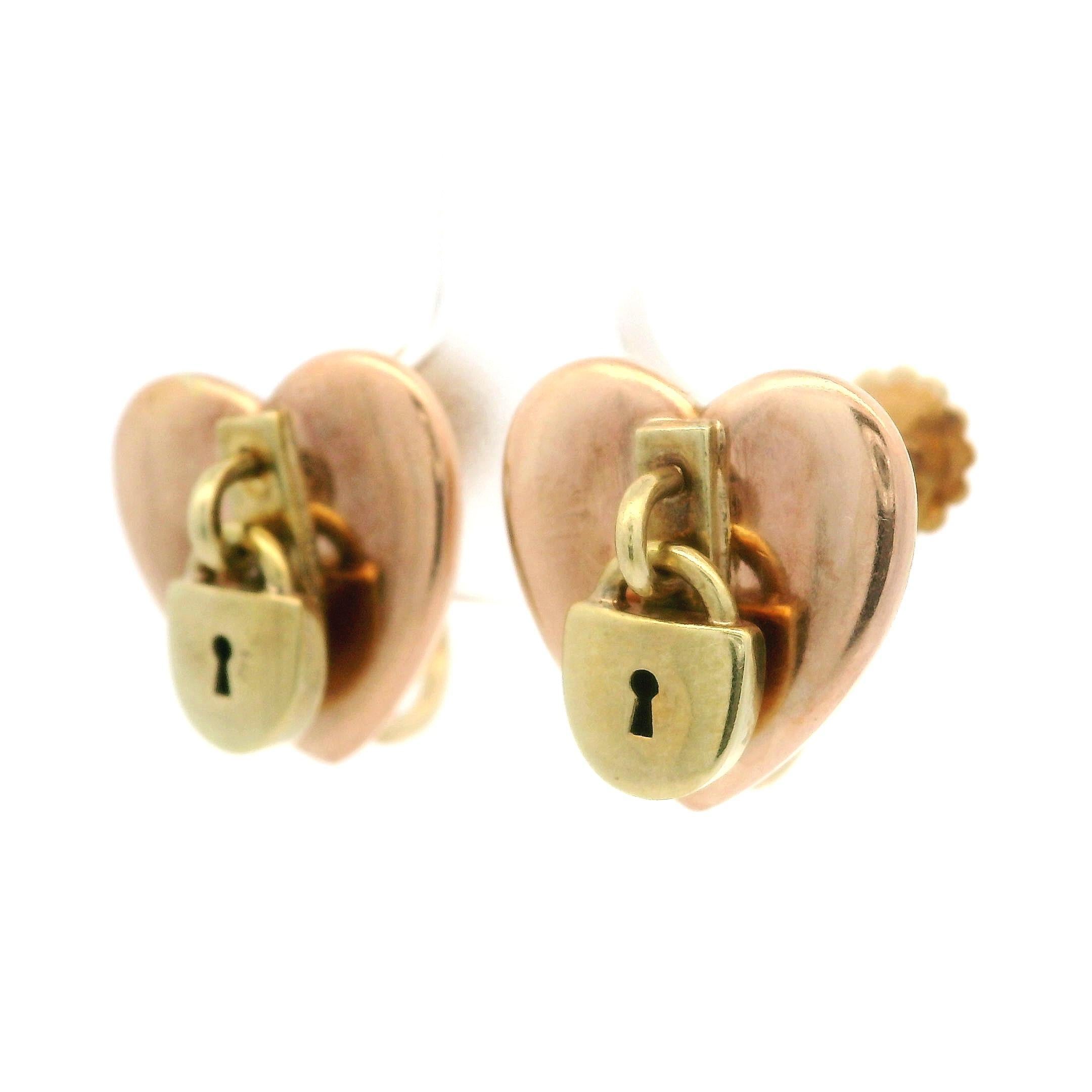 Vintage Retro 14k Rose & Yellow Gold Heart Padlock Screw on Earrings For Sale 2