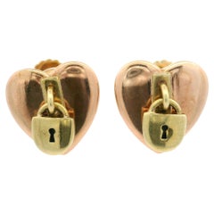 Vintage Retro 14k Rose & Yellow Gold Heart Padlock Screw on Earrings
