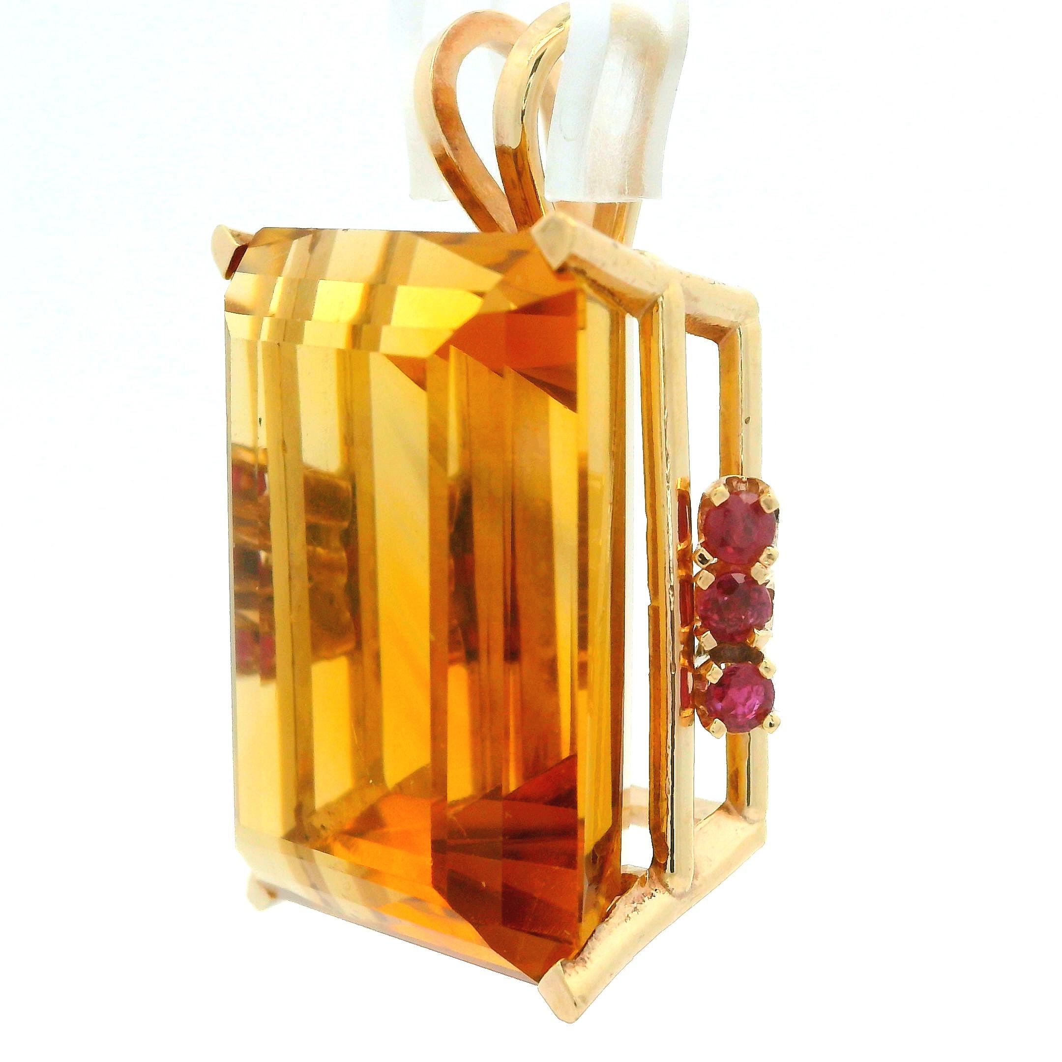 Women's Vintage Retro 14k Rosy Yellow Gold Emerald Cut Citrine & Ruby Large Pendant For Sale