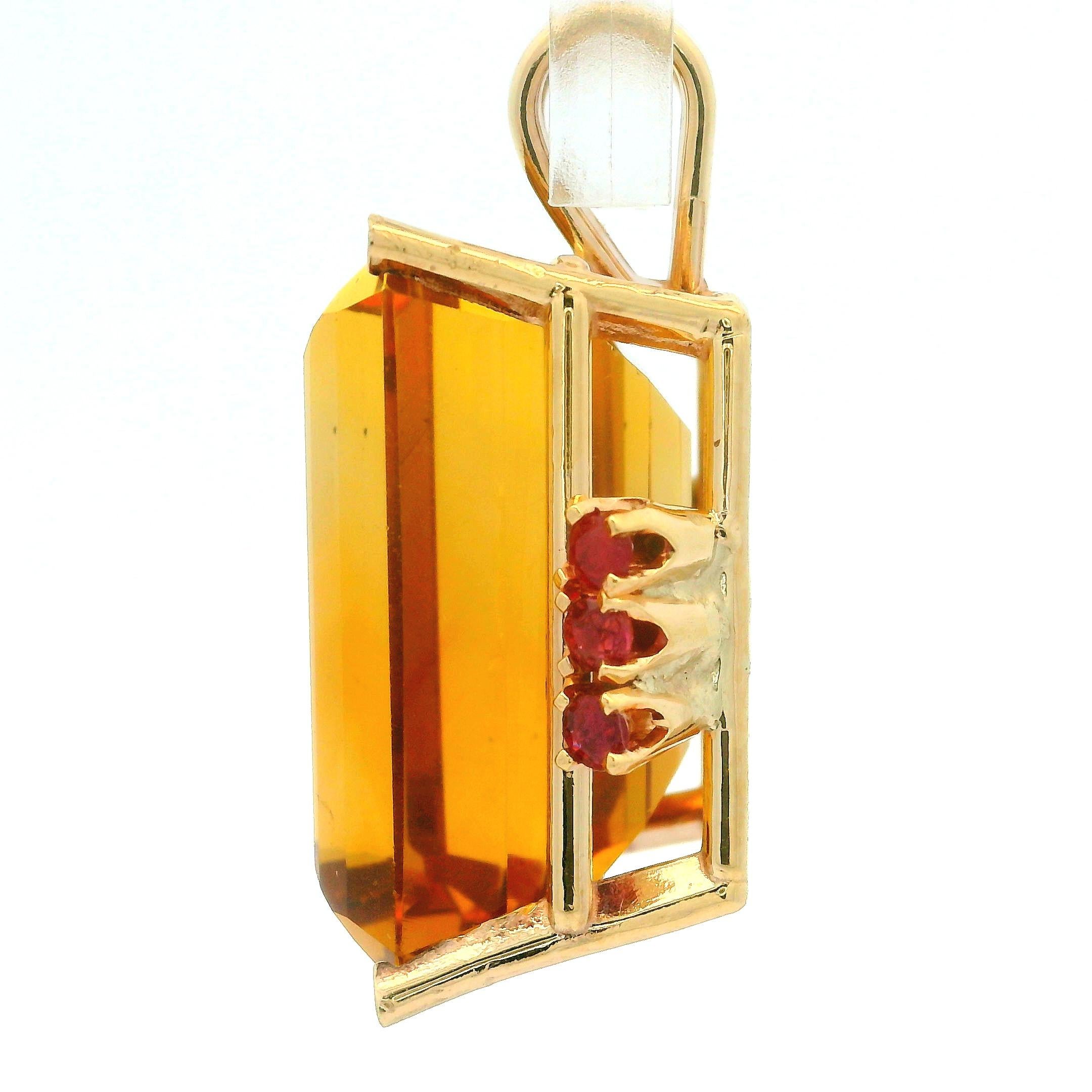 Vintage Retro 14k Rosy Yellow Gold Emerald Cut Citrine & Ruby Large Pendant For Sale 1