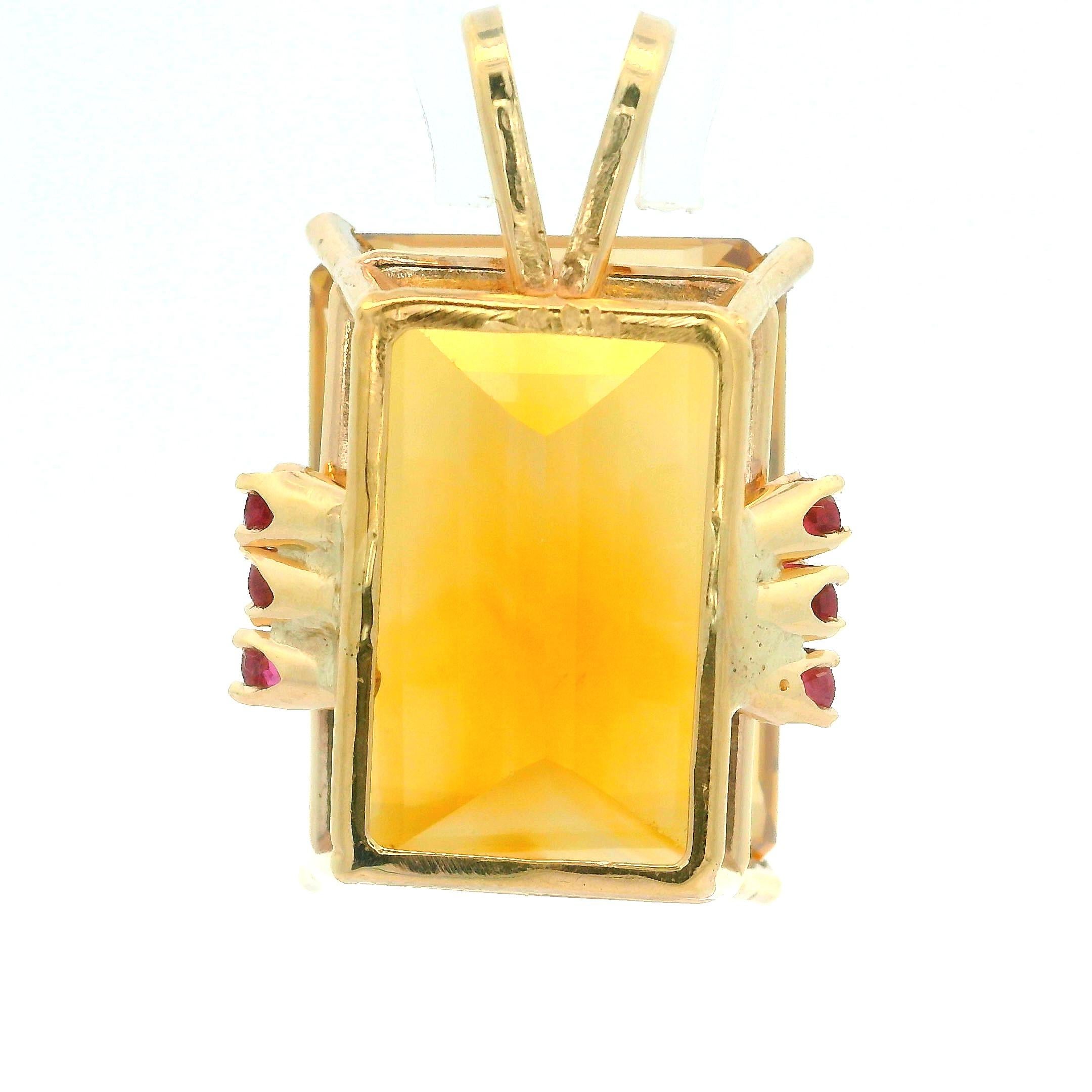 Vintage Retro 14k Rosy Yellow Gold Emerald Cut Citrine & Ruby Large Pendant For Sale 2