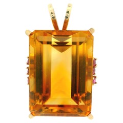 Vintage Retro 14k Rosy Yellow Gold Emerald Cut Citrine & Ruby Large Pendant