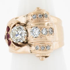 Vintage Retro 14K Rosy Gold GIA Old European Diamond & Ruby Cocktail Tank Ring