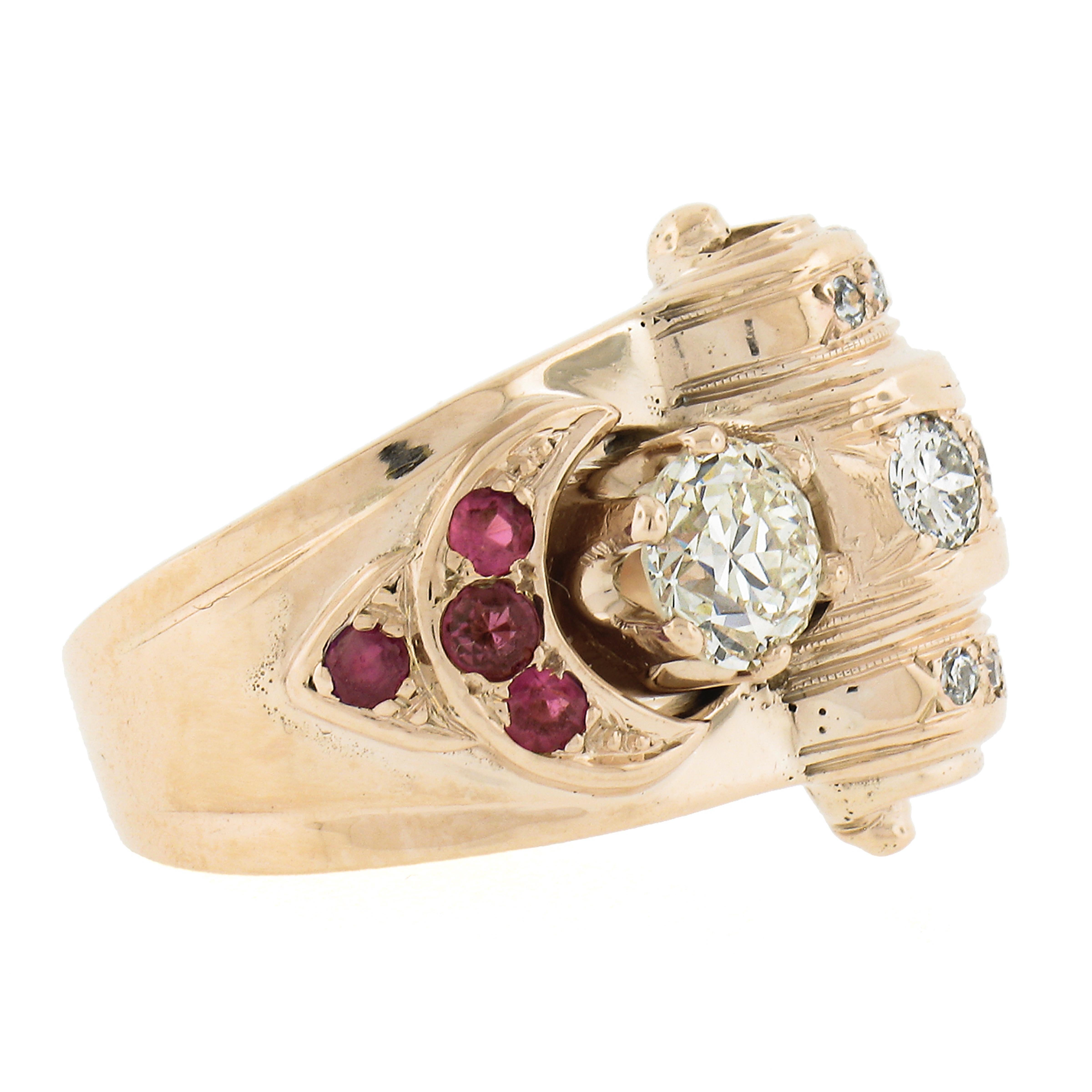 Women's or Men's Vintage Retro 14K Rosy Gold GIA Old European Diamond & Ruby Cocktail Tank Ring For Sale