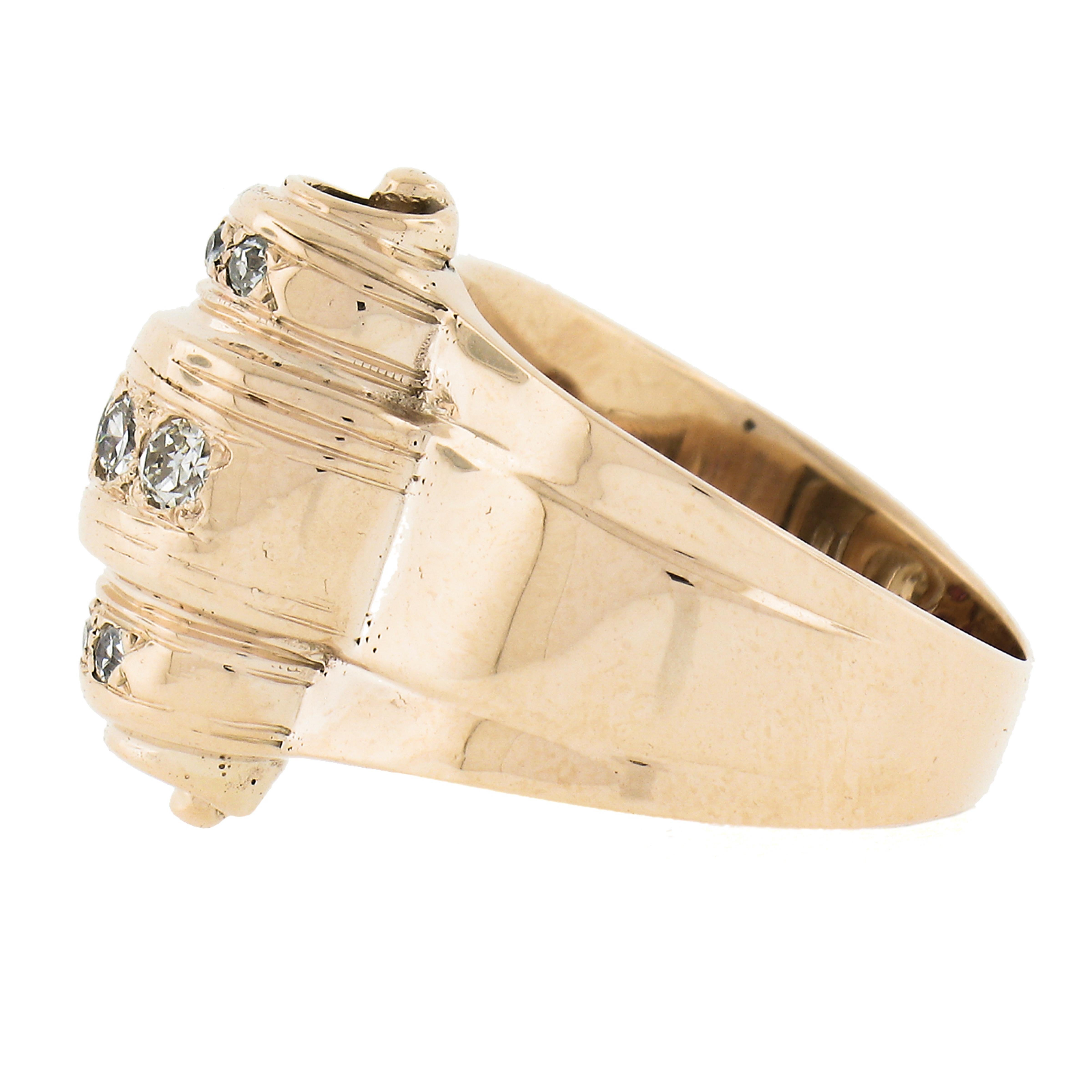 Vintage Retro 14K Rosy Gold GIA Old European Diamond & Ruby Cocktail Tank Ring For Sale 1