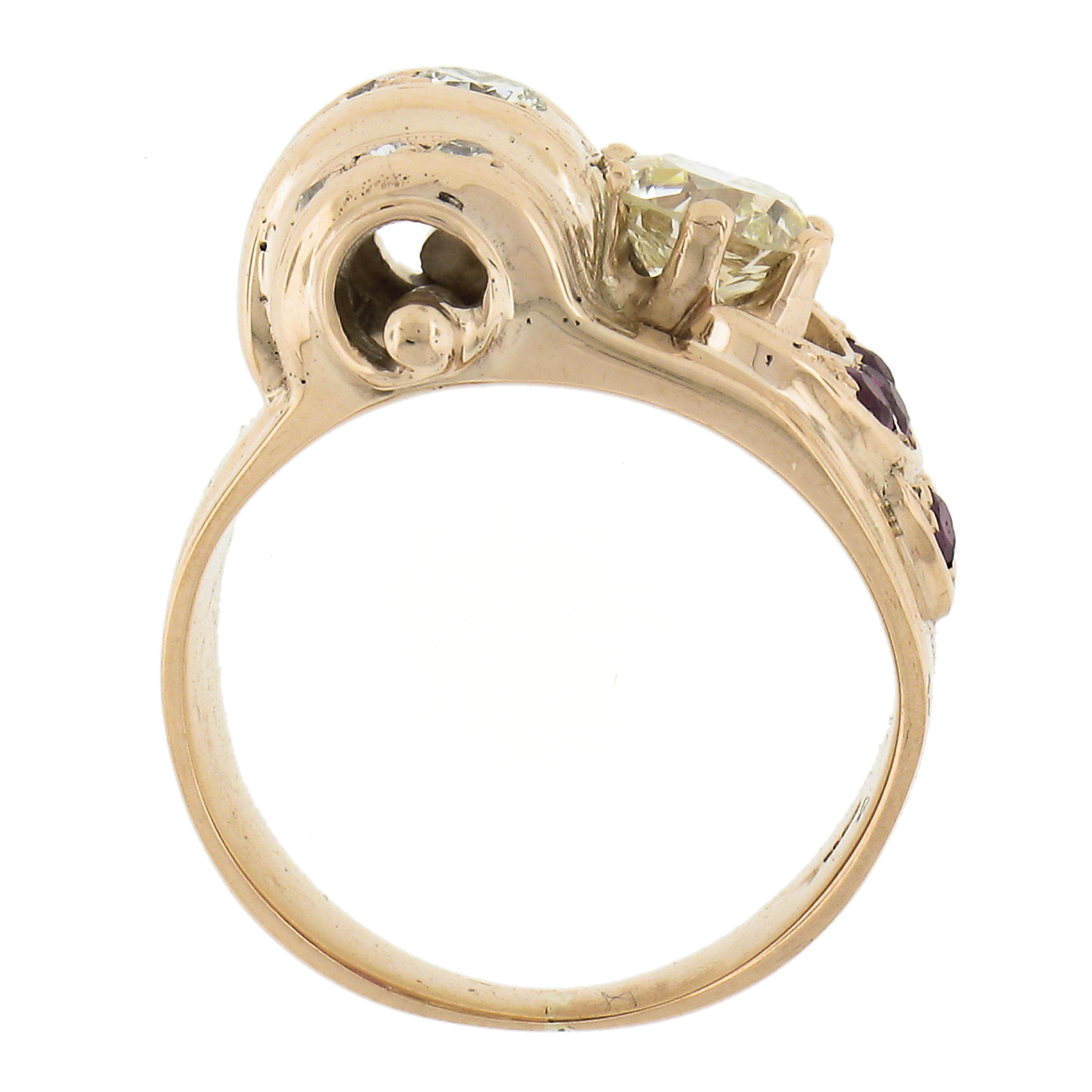 Vintage Retro 14K Rosy Gold GIA Old European Diamond & Ruby Cocktail Tank Ring For Sale 3